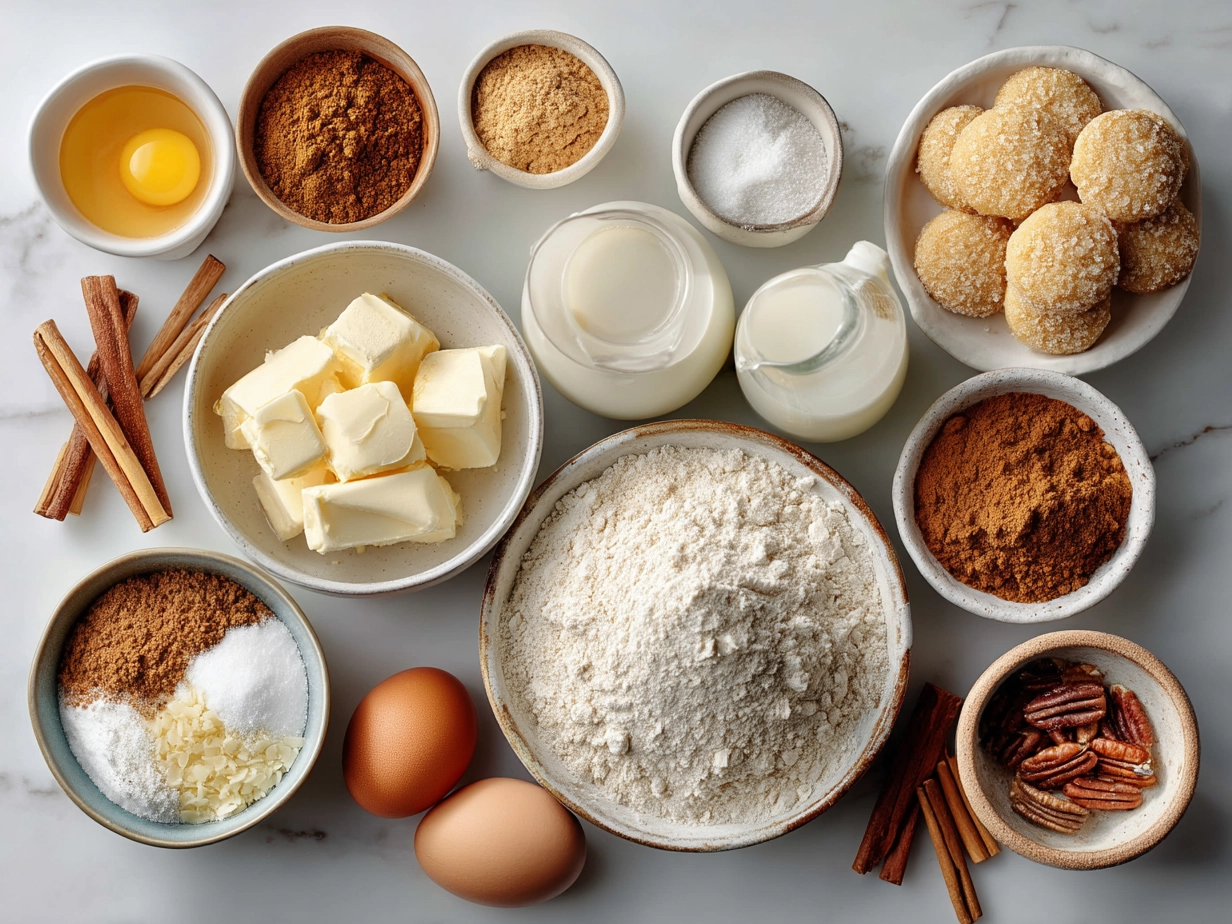 Ingredients for Eggnog Gingerbread Thumbprint Cookies including butter, brown sugar, spices, eggnog, and flour