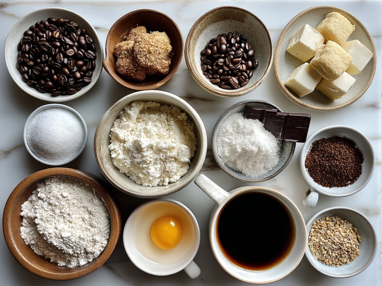 Ingredients for Espresso Shortbread Cookies laid out on a table