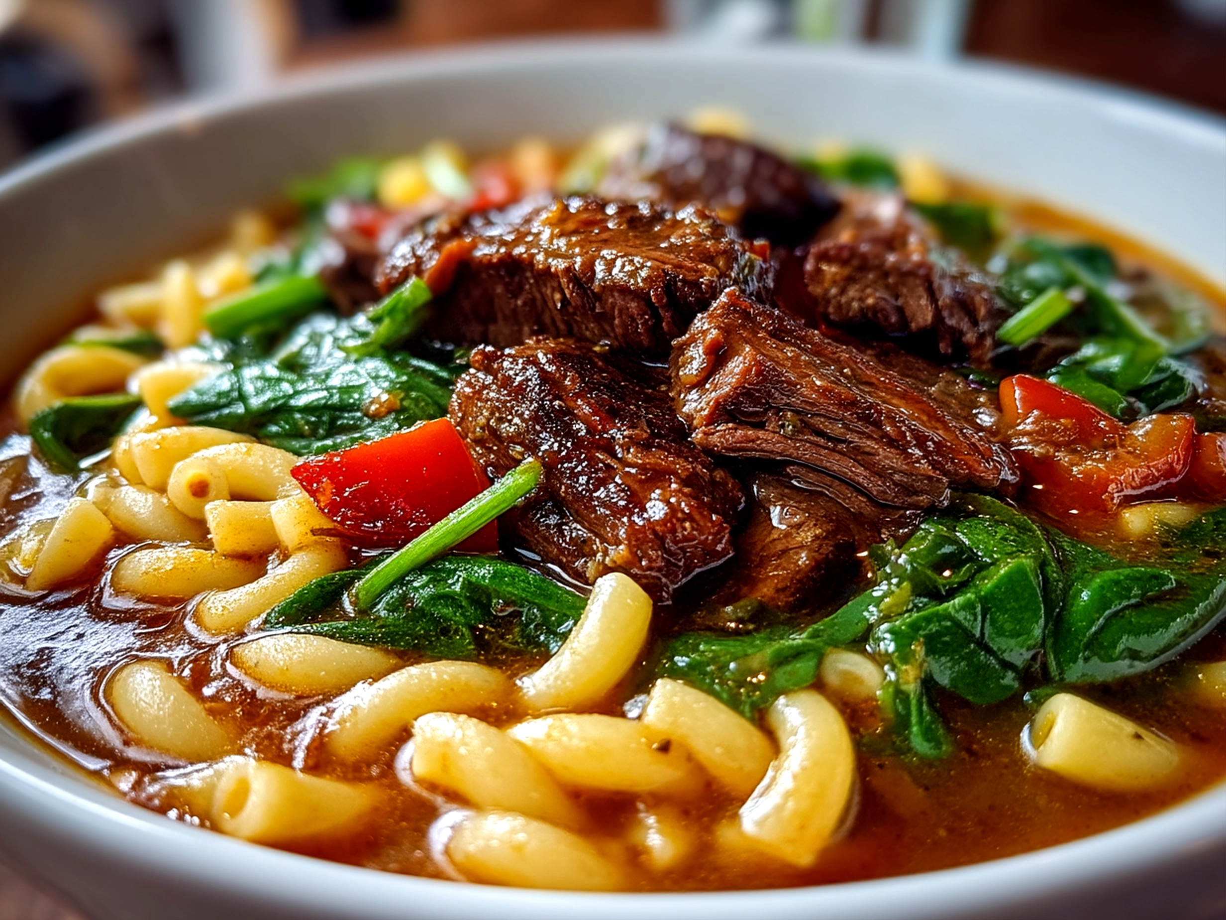 Close-up of a bowl of hearty Beef and Macaroni Soup, showcasing tender beef and pasta in a rich broth