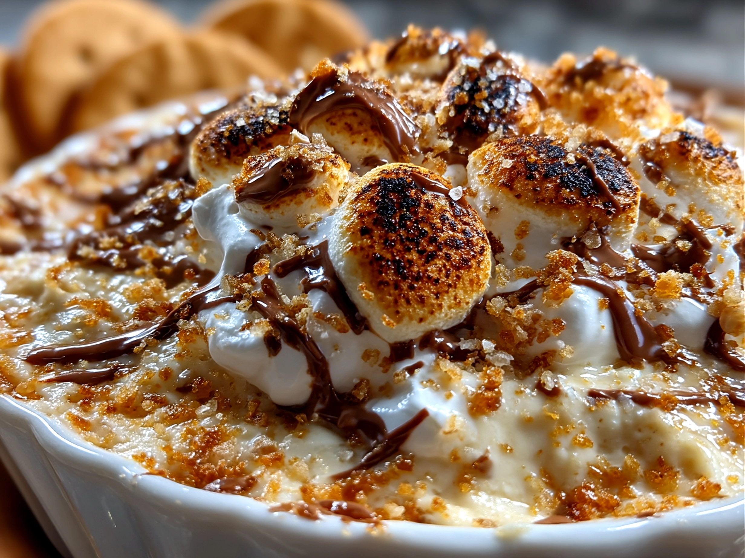 Close-up of finished Buckeye Dip with a smooth chocolate top, garnished with sea salt and chopped peanuts