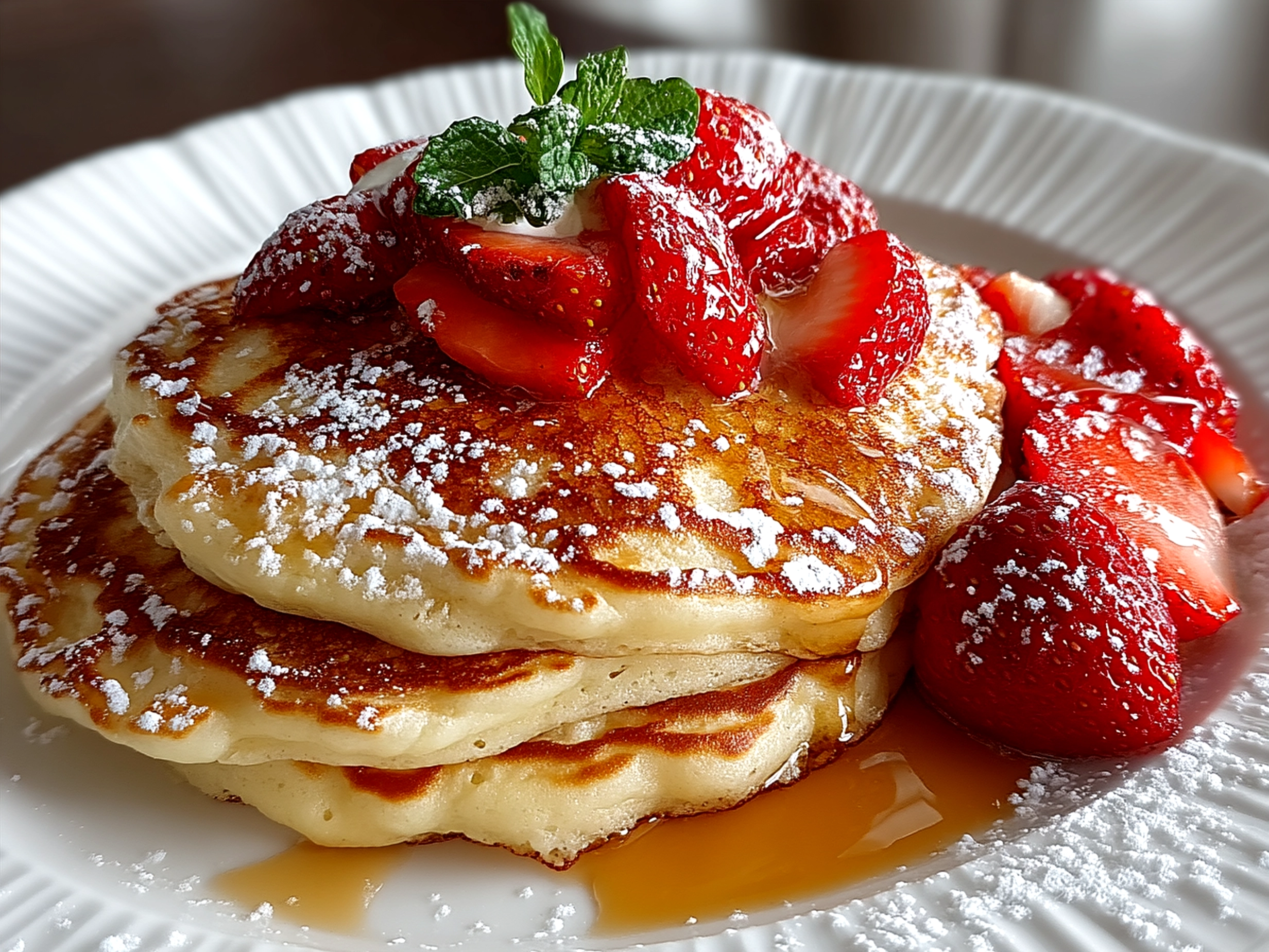 Stack of fluffy pancakes with fresh berries and butter served on a plate