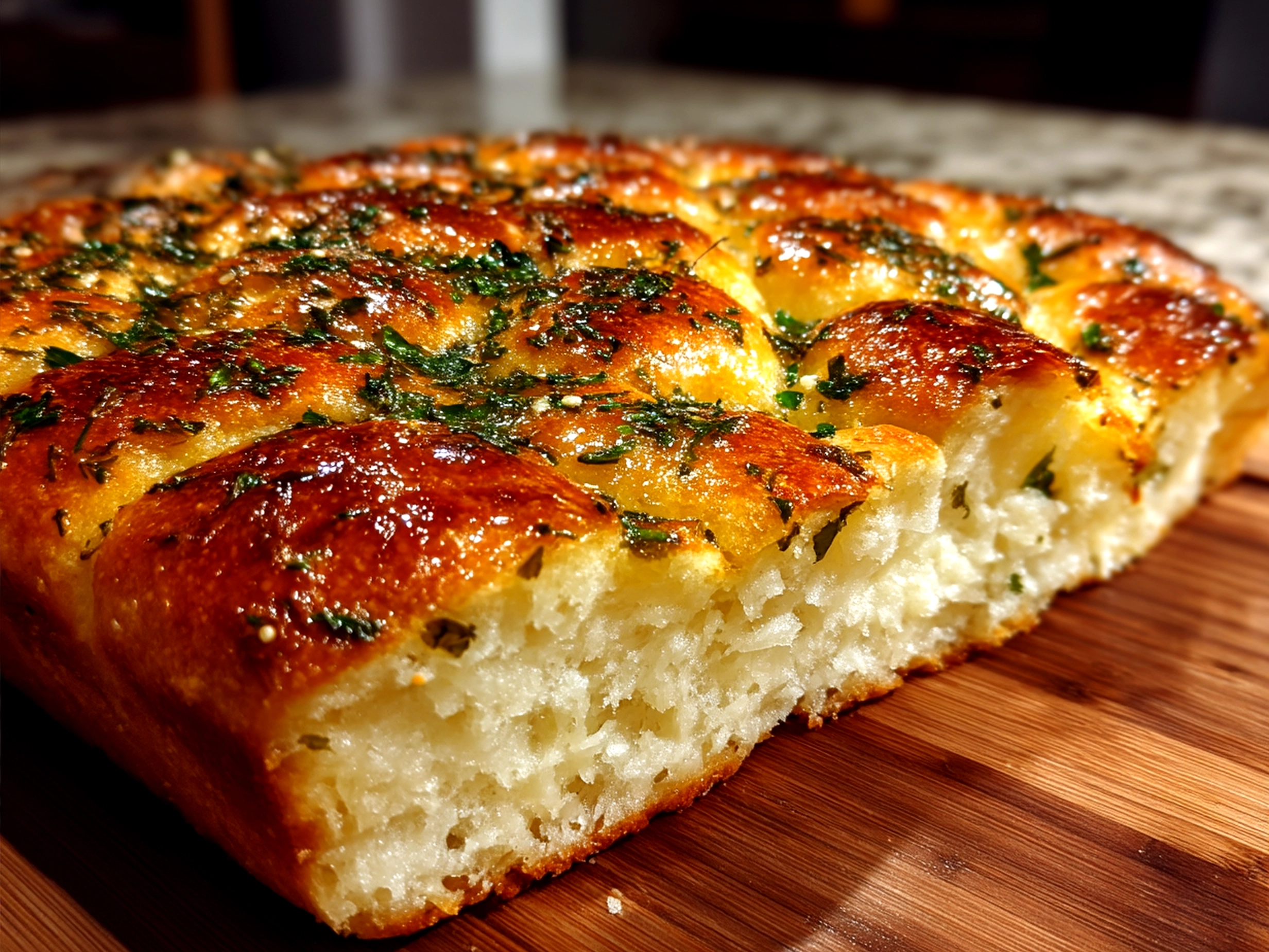 A freshly baked focaccia decorative loaf sliced and served with fresh herbs and olive oil