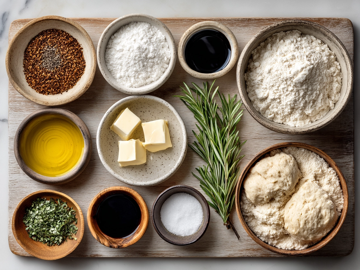 Ingredients for a herbed focaccia decorative loaf on a wooden table