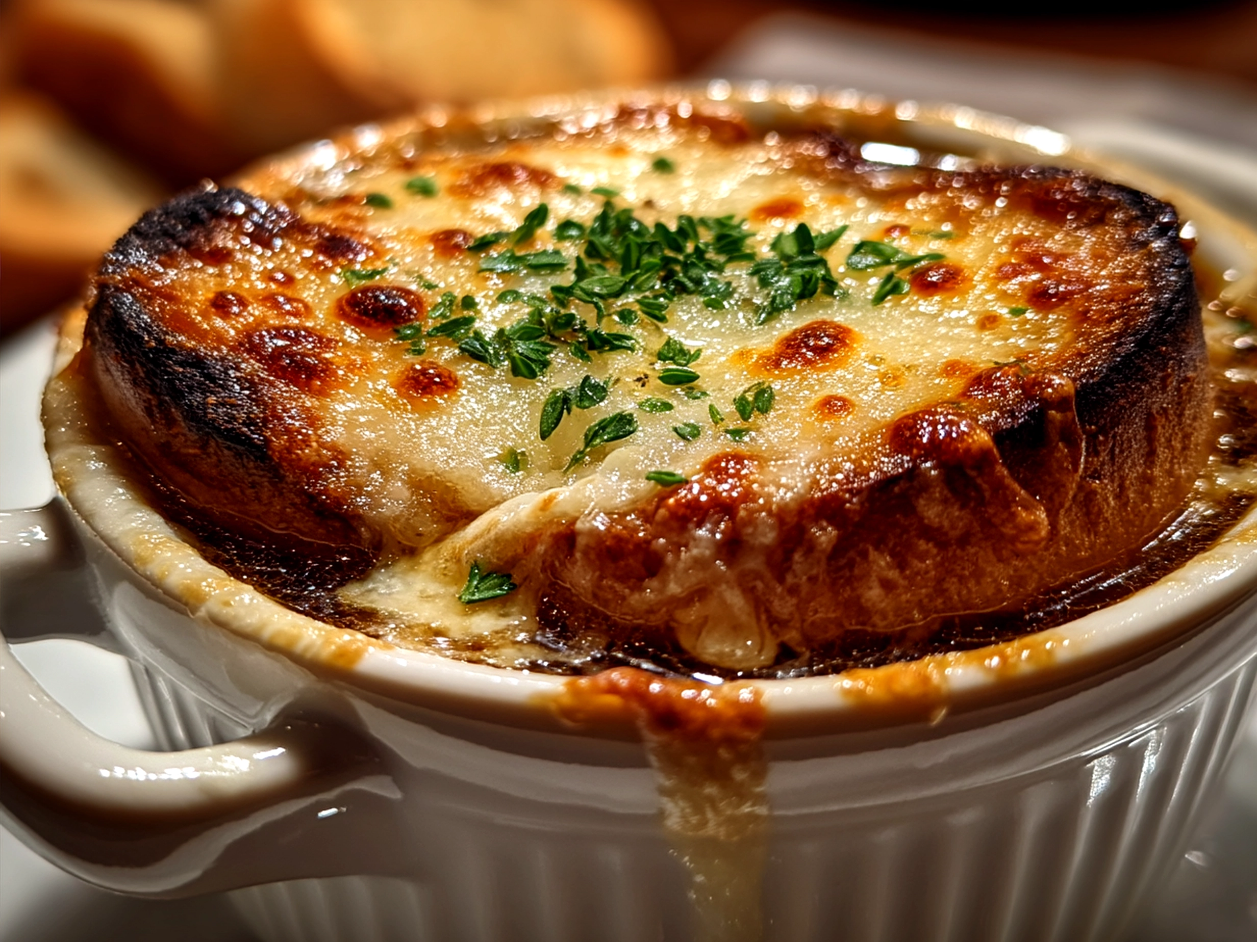 Bowl of French Onion Soup with melted Gruyère cheese and toasted French bread croutons