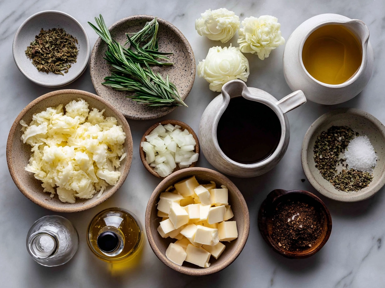 Ingredients for French Onion Soup laid out including onions, butter, bread, and Gruyère cheese