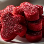 Freshly baked red velvet bear cookies on white plate