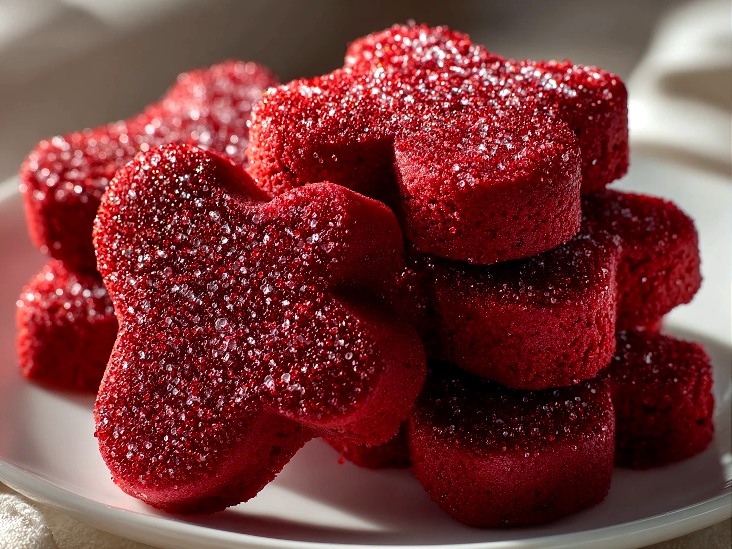 Freshly baked red velvet bear cookies on white plate