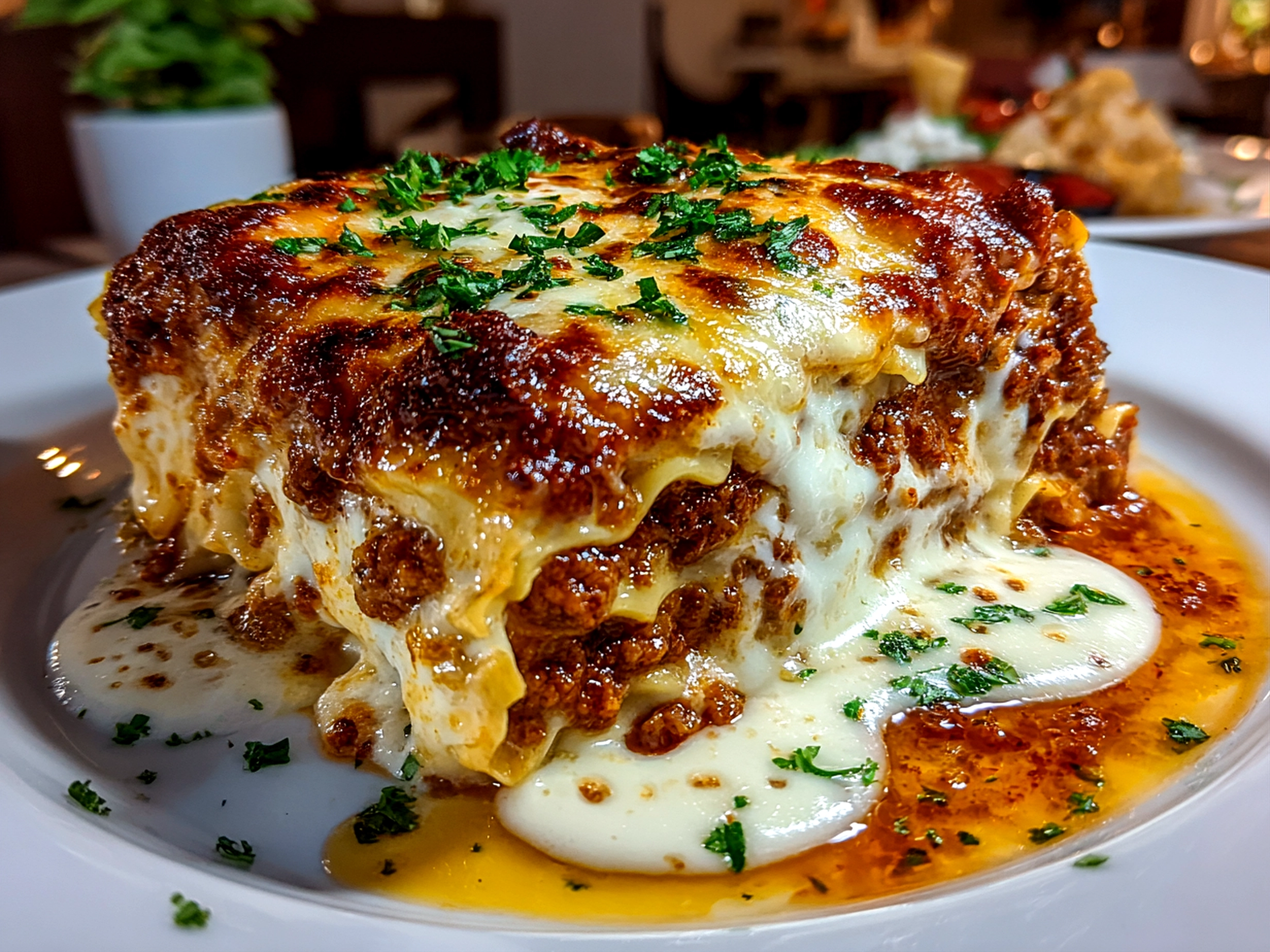 Freshly prepared Classic Lasagna on a white plate