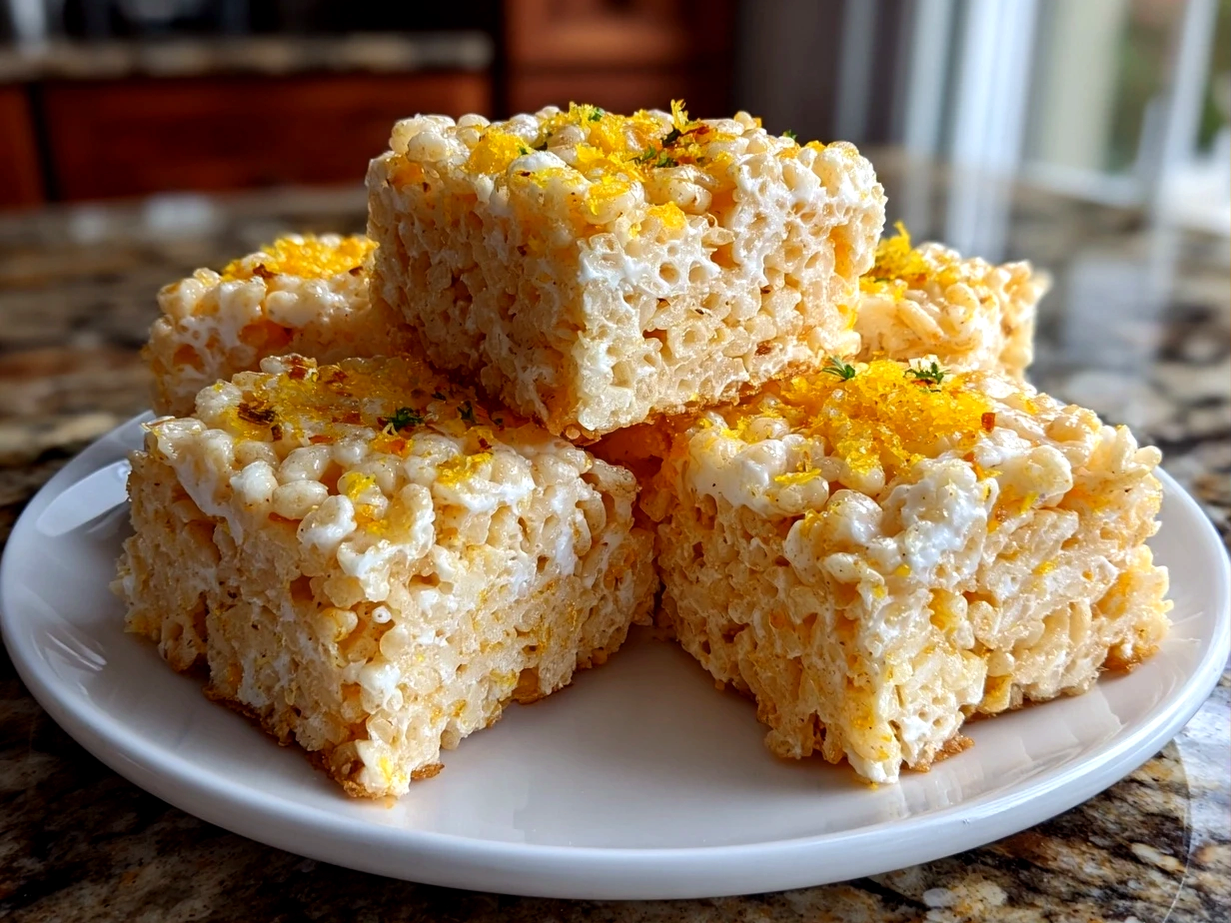 Freshly prepared Zesty Lemon Rice Krispie Treats on white plate