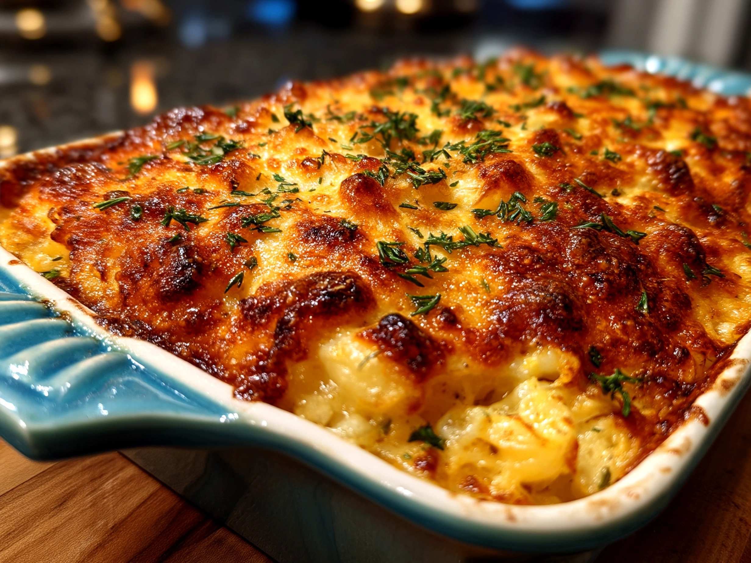 Baked cheesy Funeral Potatoes served on a plate with sides