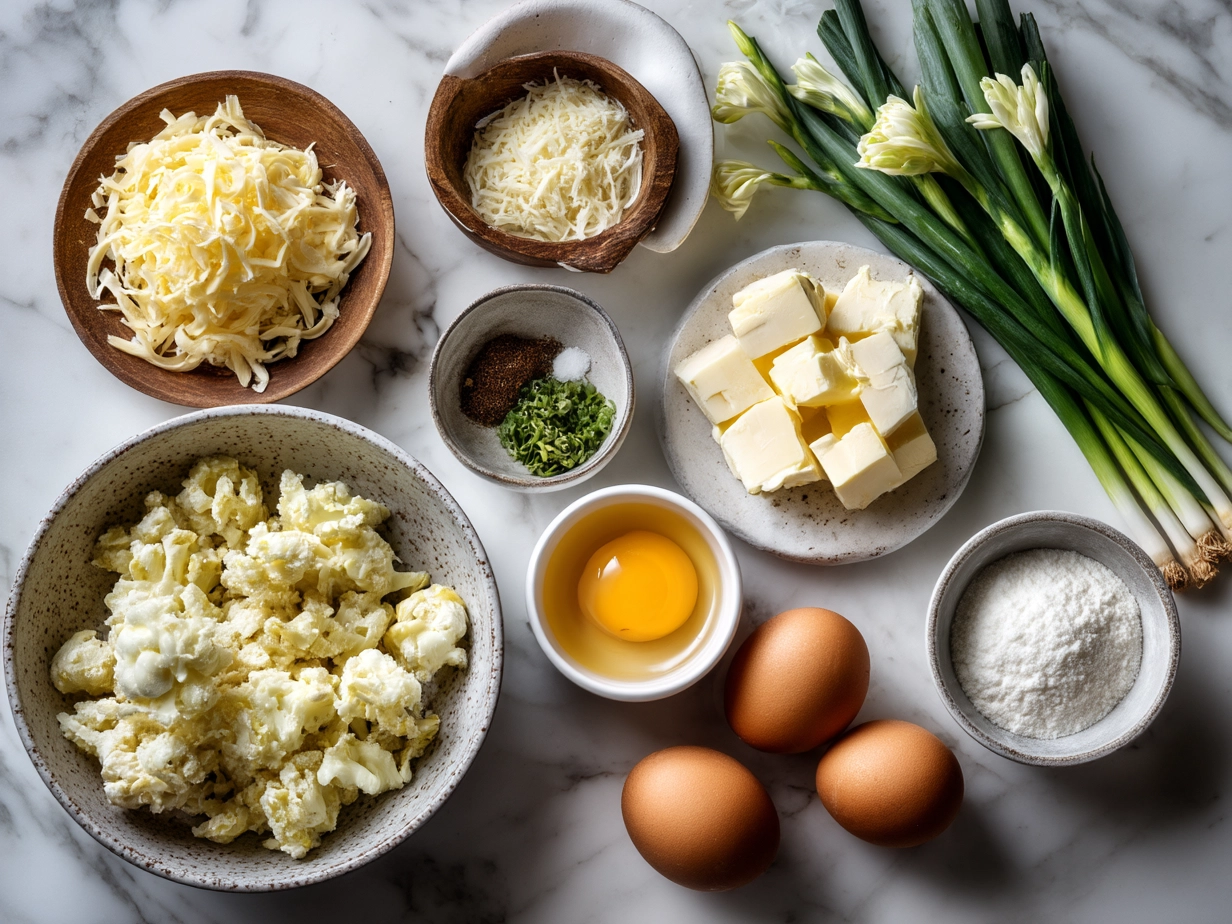 Ingredients for cheesy Funeral Potatoes including shredded hashbrowns, cheese, soup, sour cream, butter and seasonings