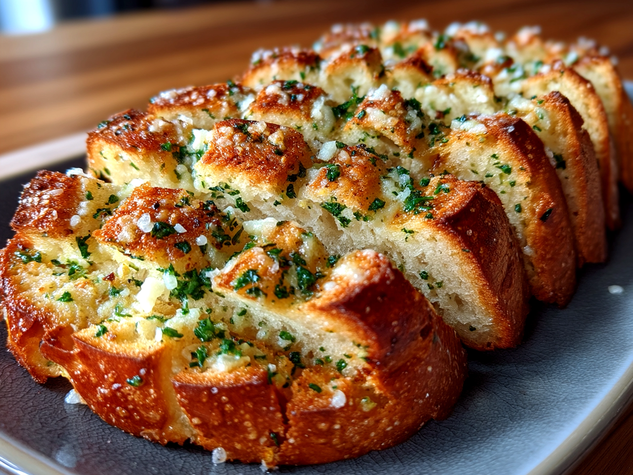 Freshly baked garlic bread served with fresh parsley on a wooden serving board