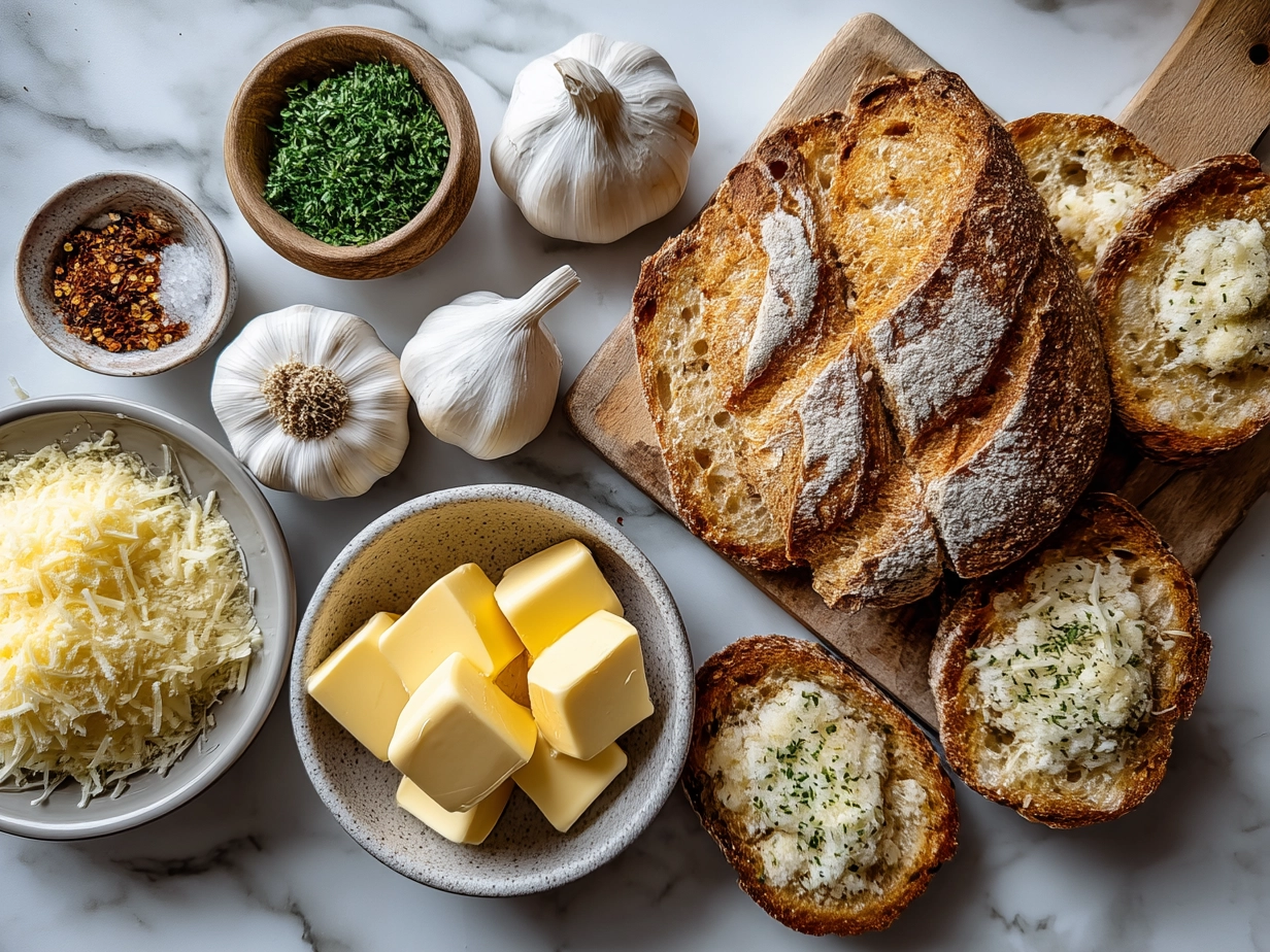 Ingredients for making homemade garlic bread with butter, garlic, parsley, and bread