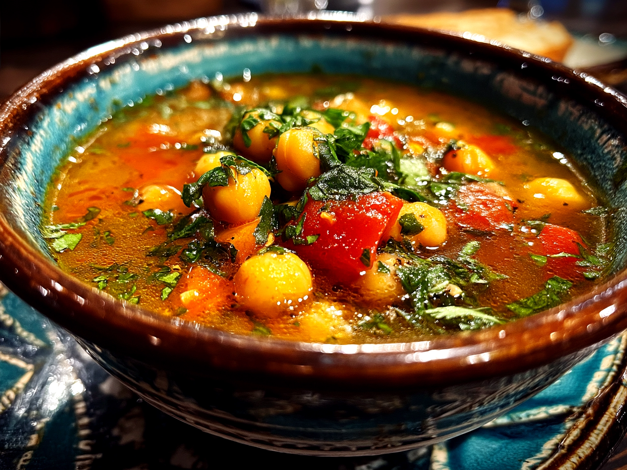 Bowl of Greek Chickpea Soup garnished with fresh herbs and a spoon