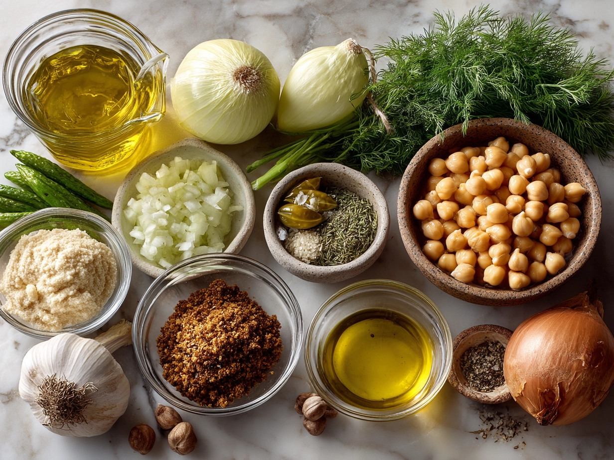 Fresh ingredients laid out for Greek Chickpea Soup including chickpeas, lemon, onions, garlic, and herbs