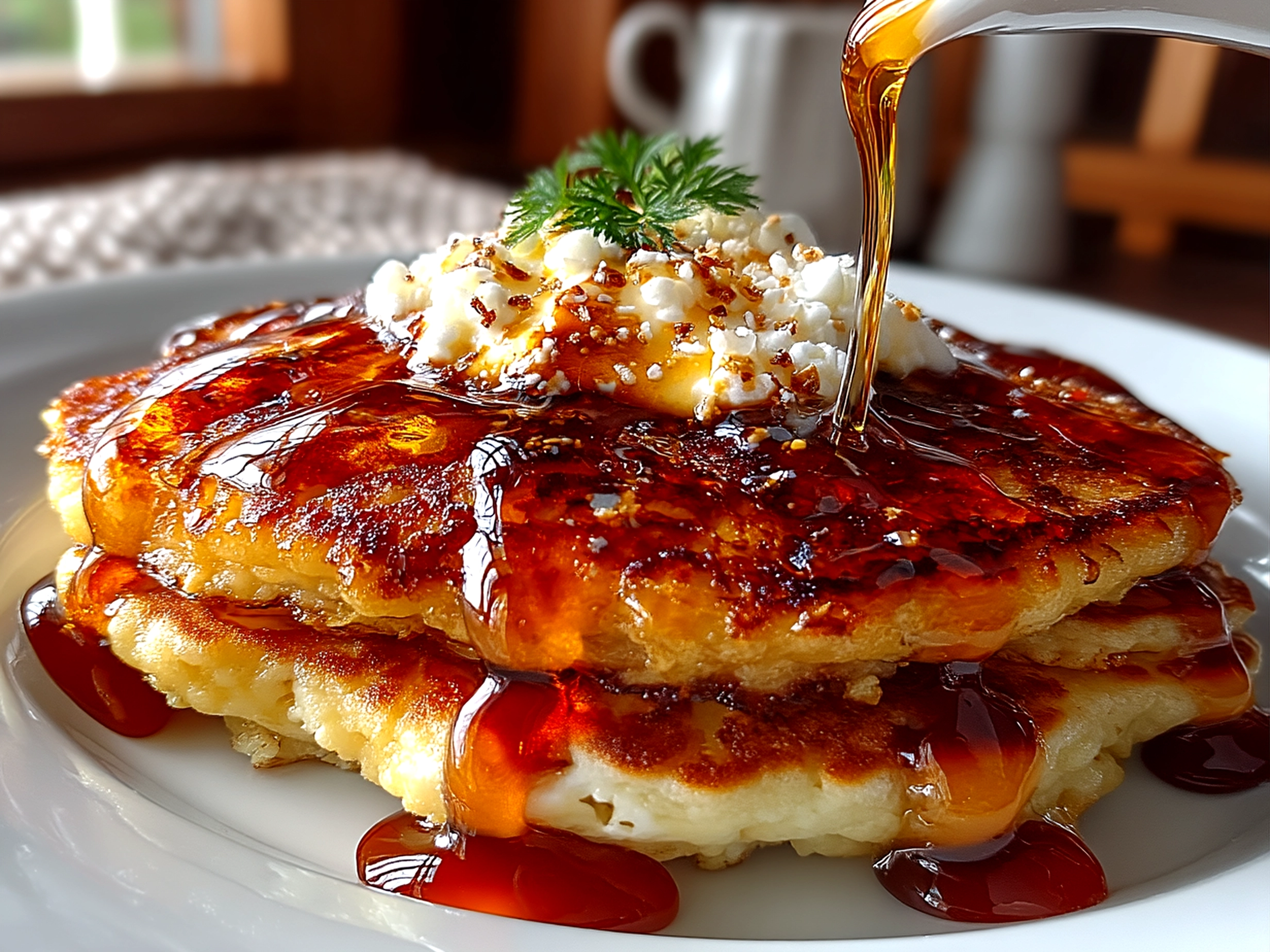 Plate of Greek Yogurt Pancakes served with fresh berries and syrup