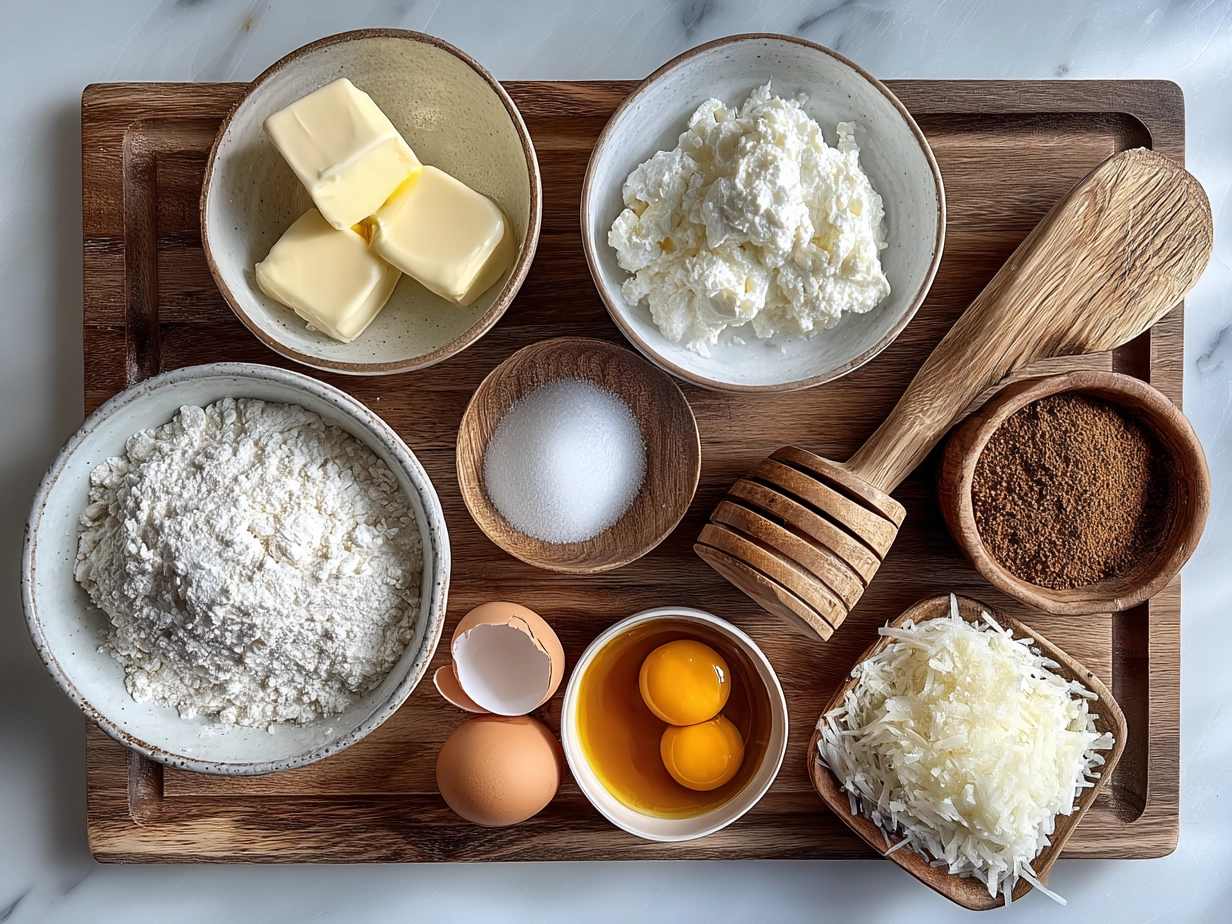 Ingredients for Greek Yogurt Pancakes including Greek yogurt, eggs, flour, and honey