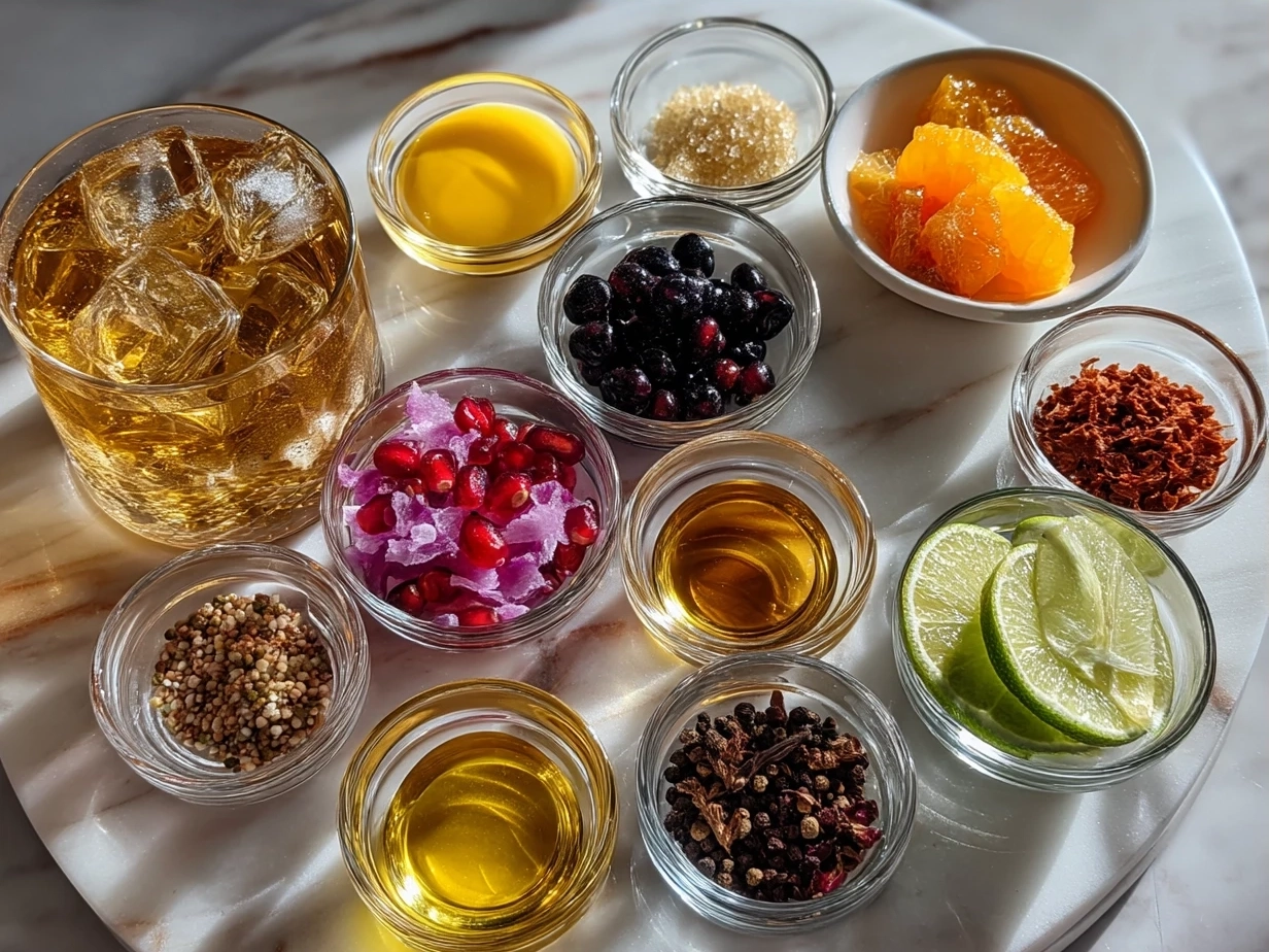 Ingredients for Grinch Cocktail Drink including lime liqueur, vodka, fresh lime juice, simple syrup, sparkling water, mint, and lime garnish