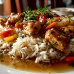 Home cook, taken with iPhone 13. Close-up slight angle of comforting smothered chicken rice on white plate. Hearty comforting --ar 4:3 --style raw --s 250