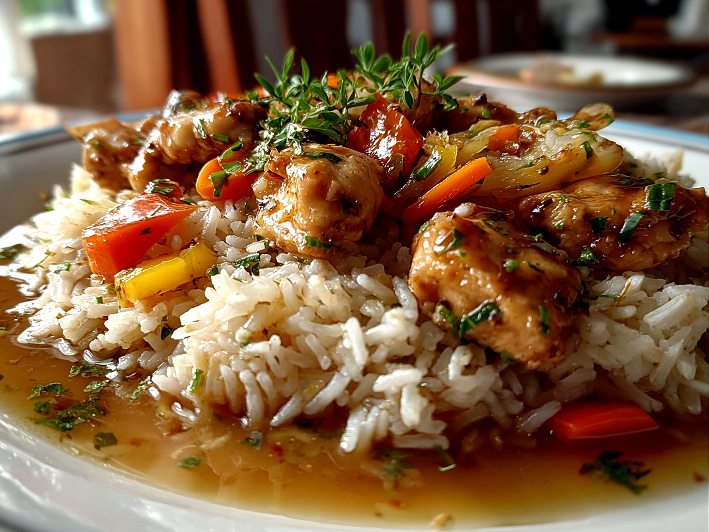 Home cook, taken with iPhone 13. Close-up slight angle of comforting smothered chicken rice on white plate. Hearty comforting --ar 4:3 --style raw --s 250