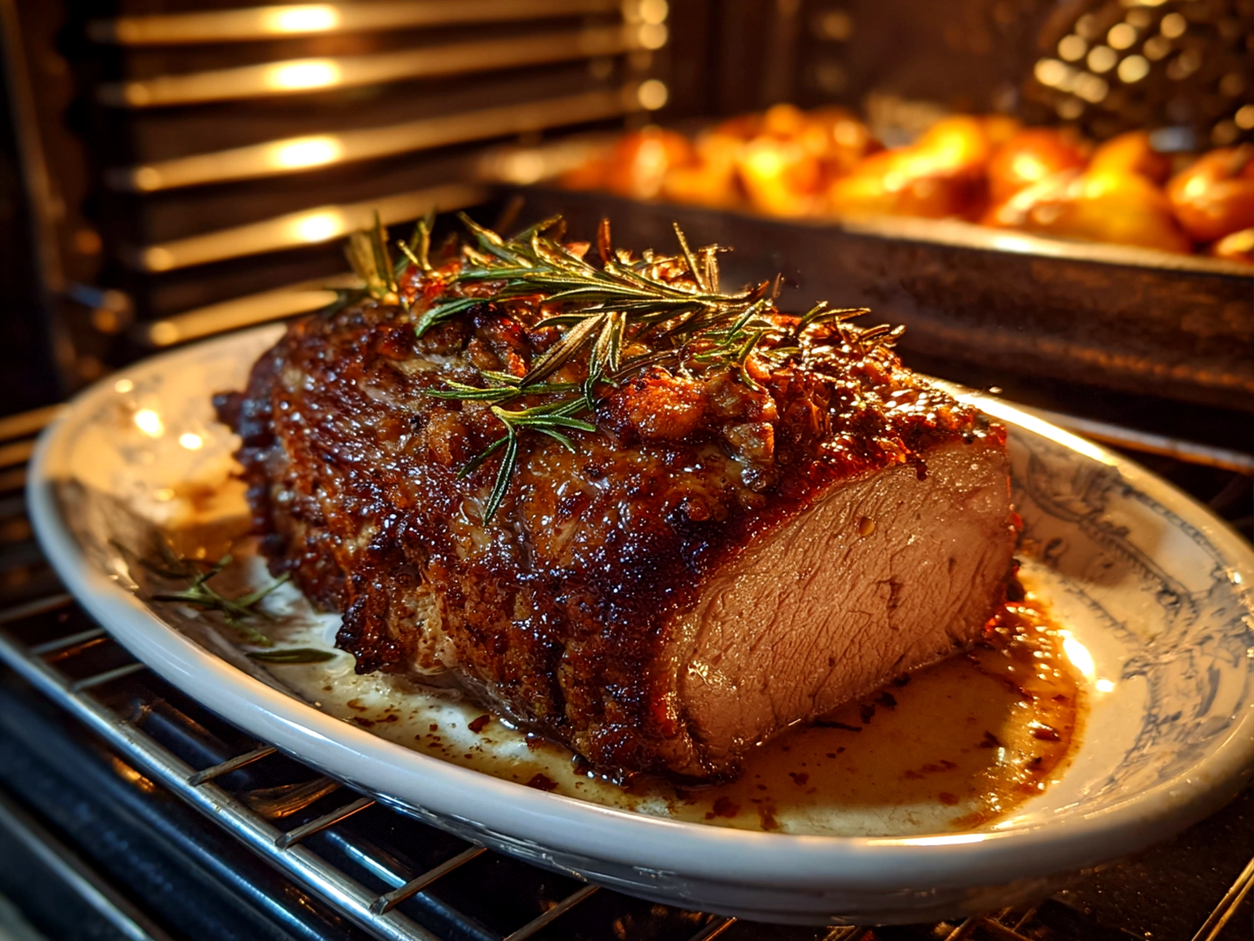 Home Cook, taken with iPhone 14 Pro. Close-up slight angle of freshly prepared roast beef in the oven on white plate. Warm appetizing --ar 4:3 --style raw --s 260