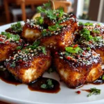 Home Cook, taken with iPhone 14. Close-up slight angle of delicious crispy teriyaki tofu cubes on white plate. Warm appetizing --ar 4:3 --style raw --s 230