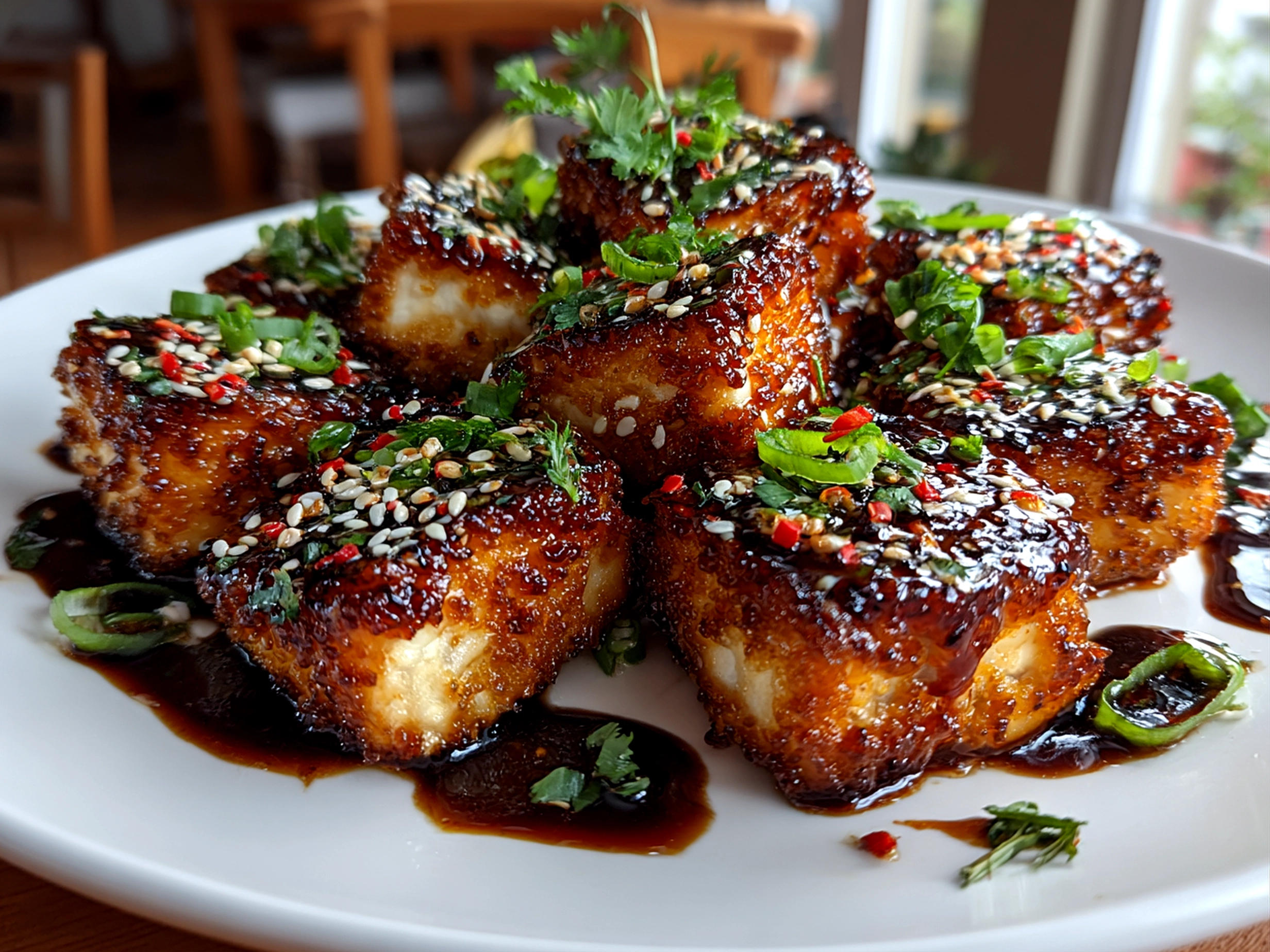Home Cook, taken with iPhone 14. Close-up slight angle of delicious crispy teriyaki tofu cubes on white plate. Warm appetizing --ar 4:3 --style raw --s 230