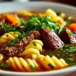 Homemade Beef and Macaroni Soup Close-up