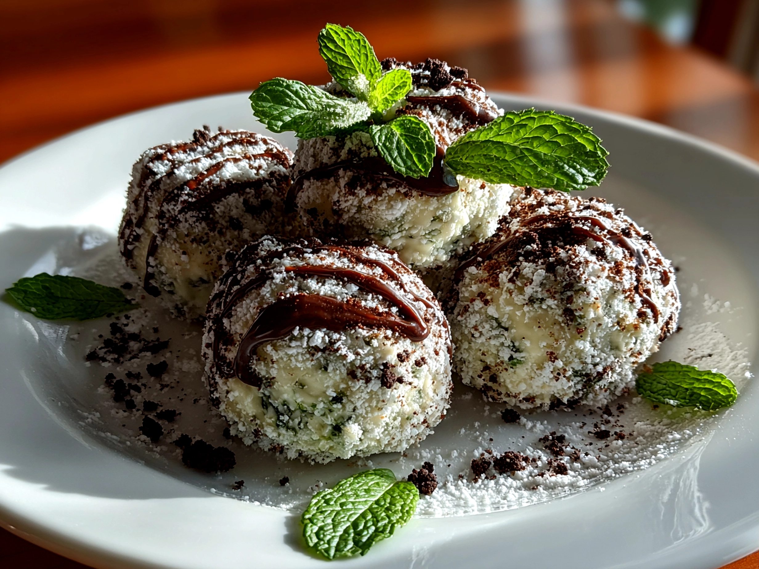 Homemade freshly prepared Mint Oreo Balls on white plate