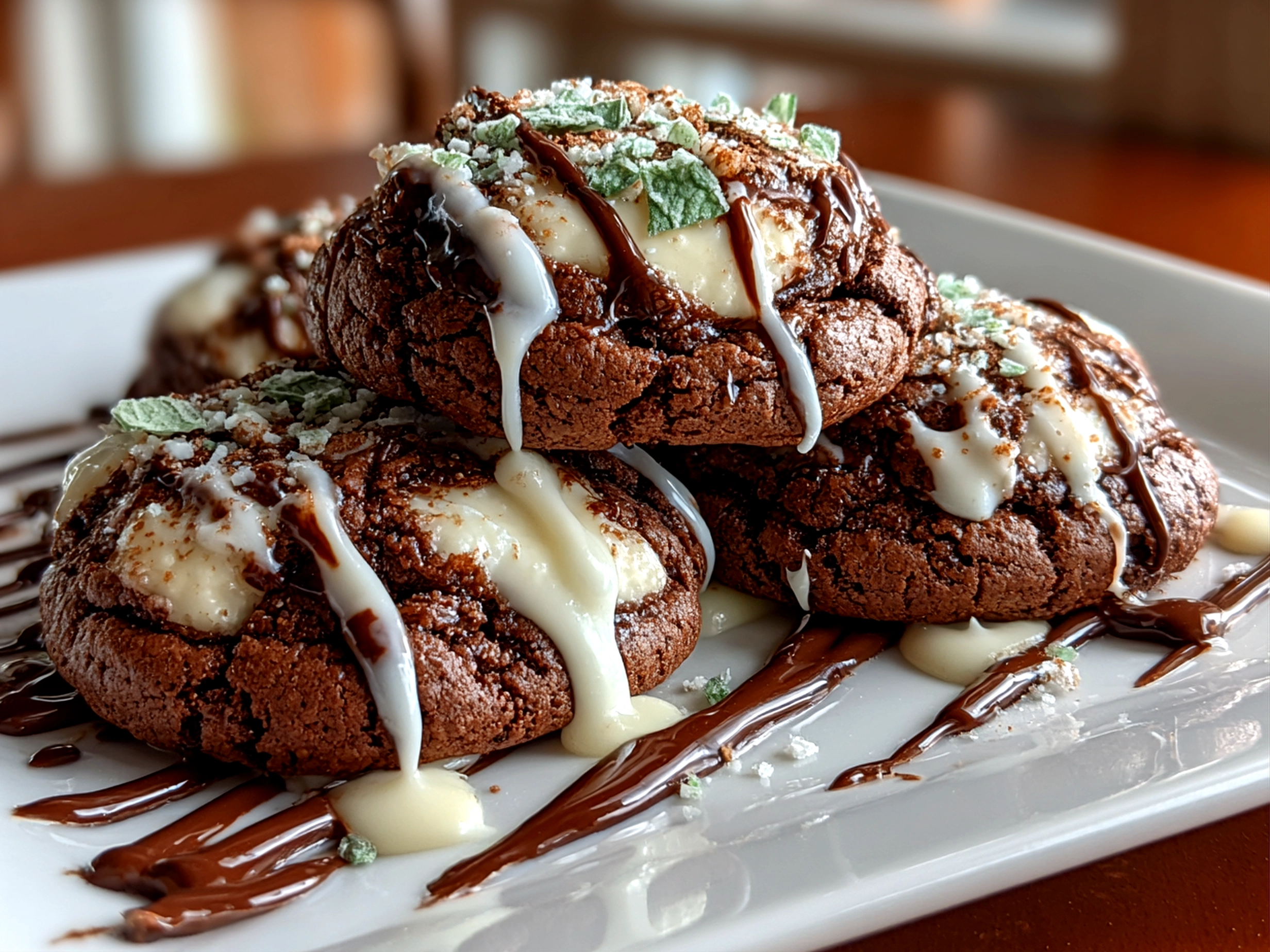Homemade fudgy Grasshopper Cookies close-up