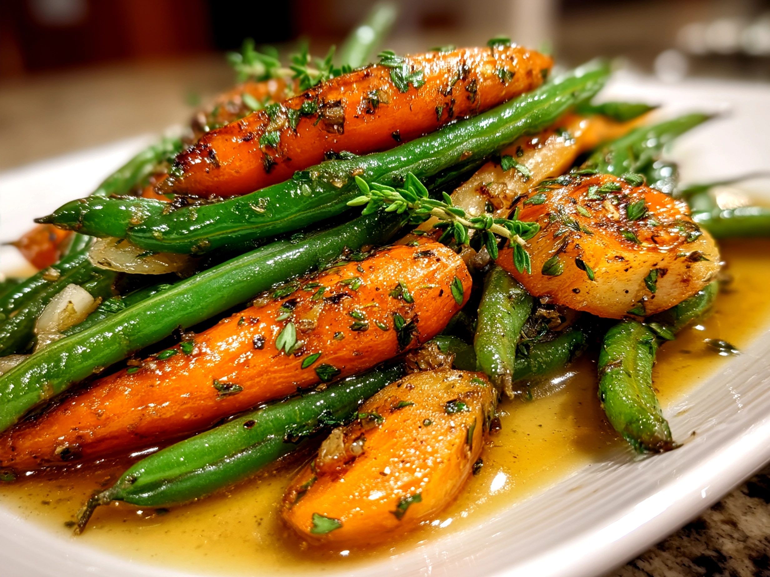 Serving dish of Honey Glazed Carrots Green Beans, perfectly glazed and ready to enjoy