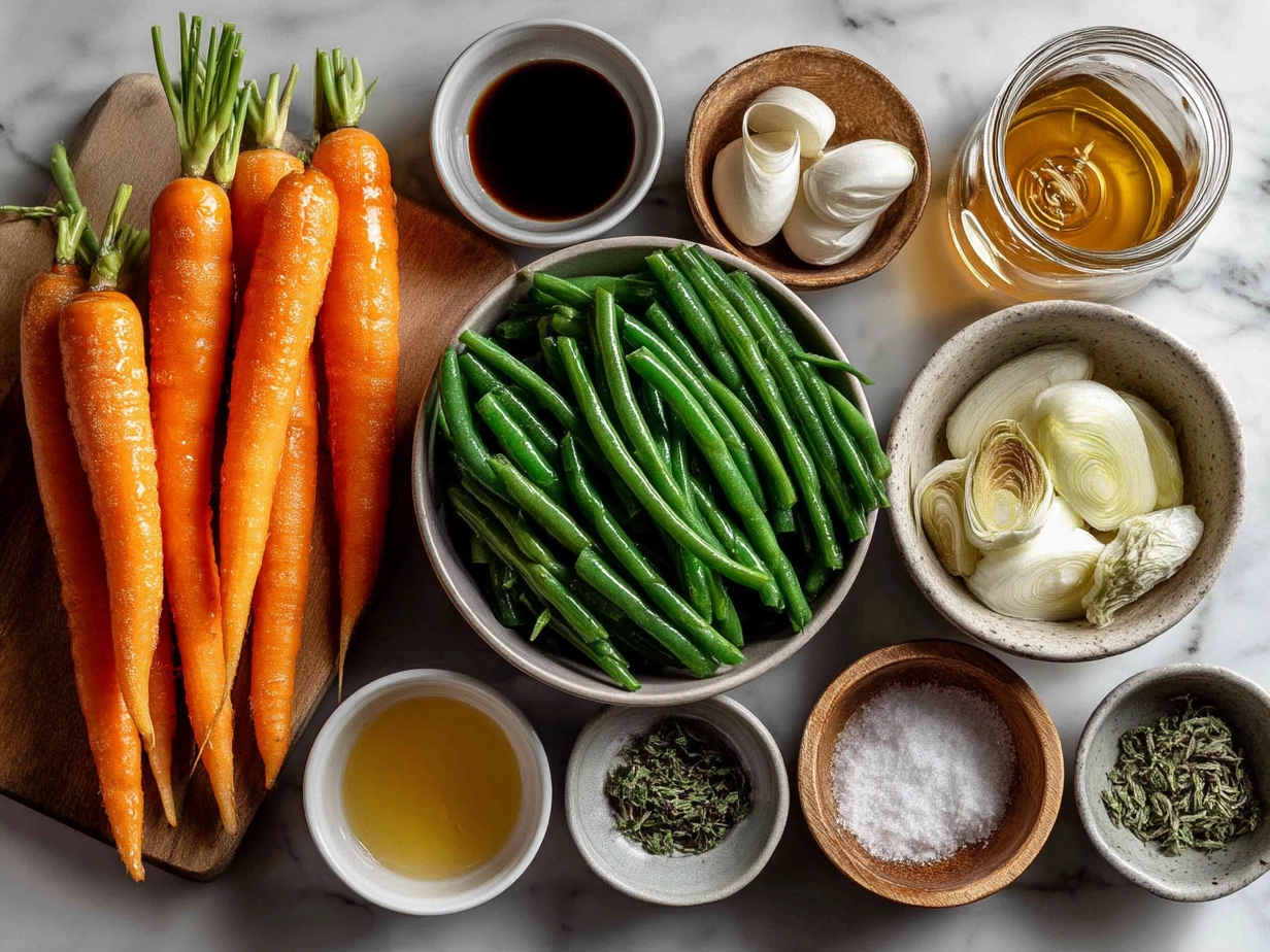 Fresh ingredients for Honey Glazed Carrots Green Beans including carrots, green beans, honey, butter, and spices