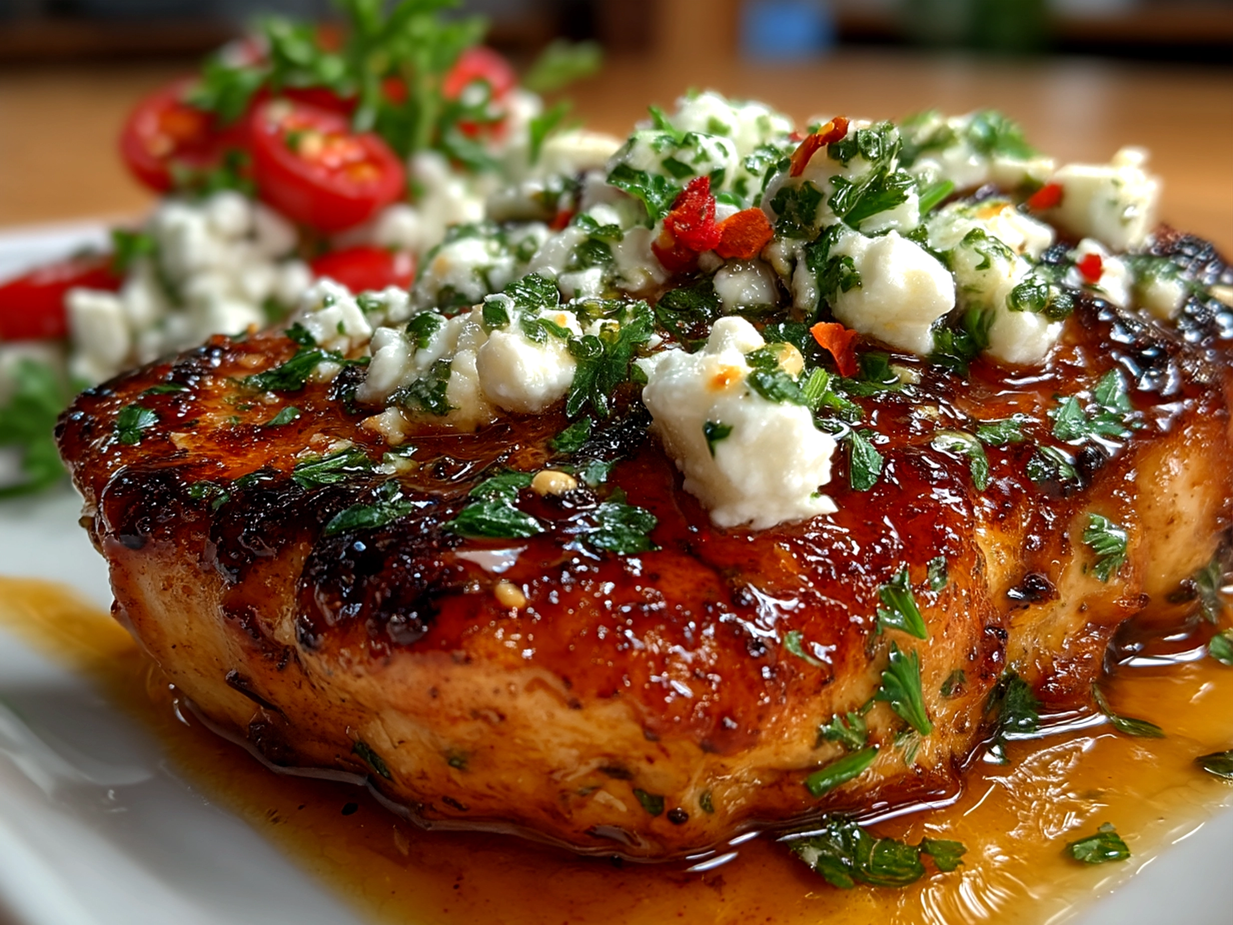 Served Hot Honey Infused Feta Chicken on a plate with fresh herbs and sides