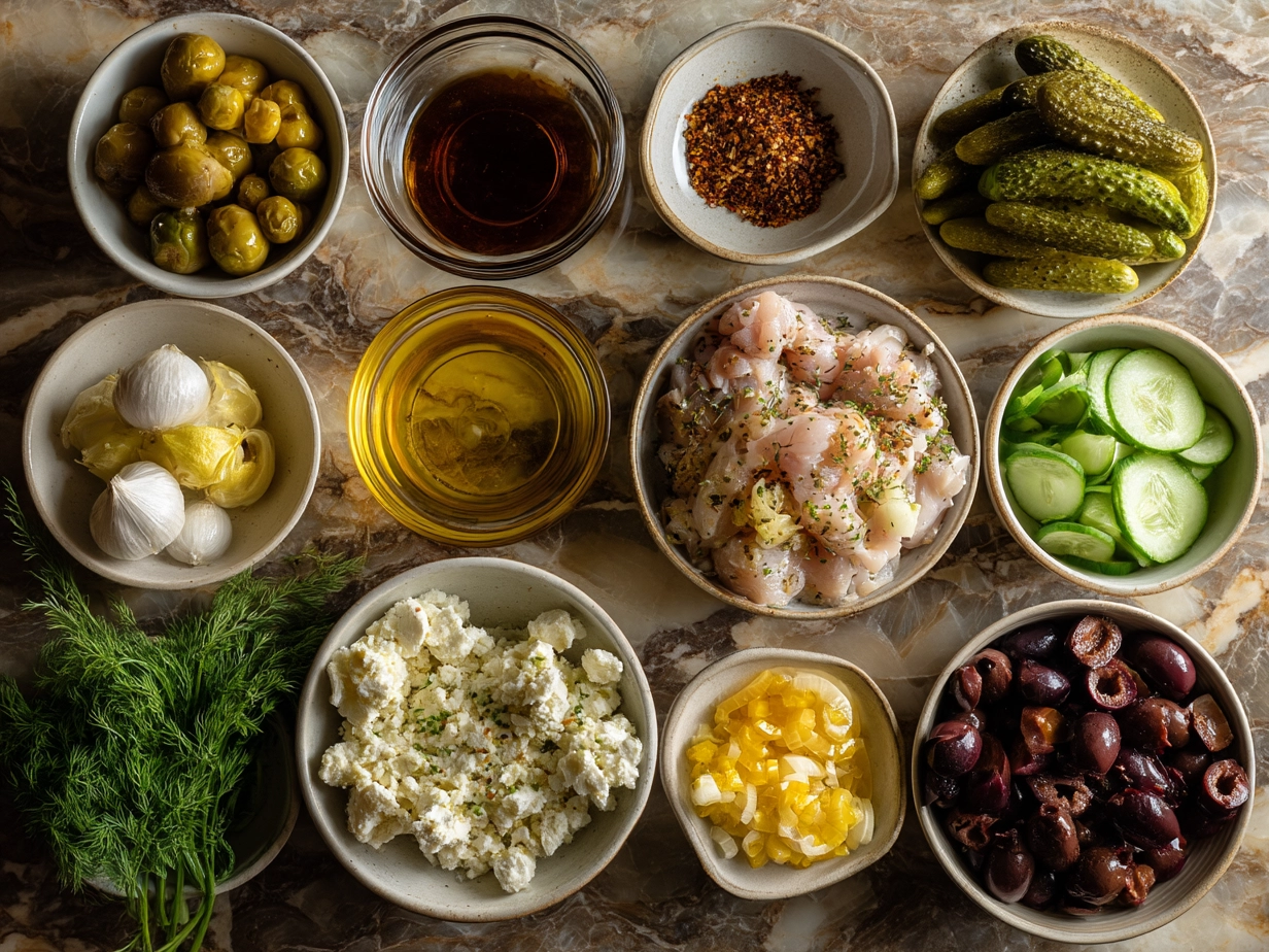 Ingredients for Hot Honey Infused Feta Chicken including chicken breasts, feta cheese, garlic, and spices