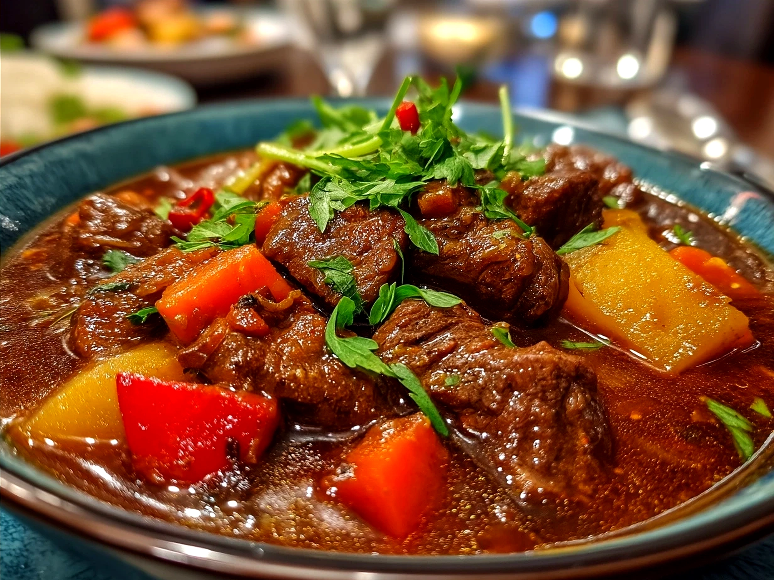 Served Indian Beef Curry in Slow Cooker with rice and naan