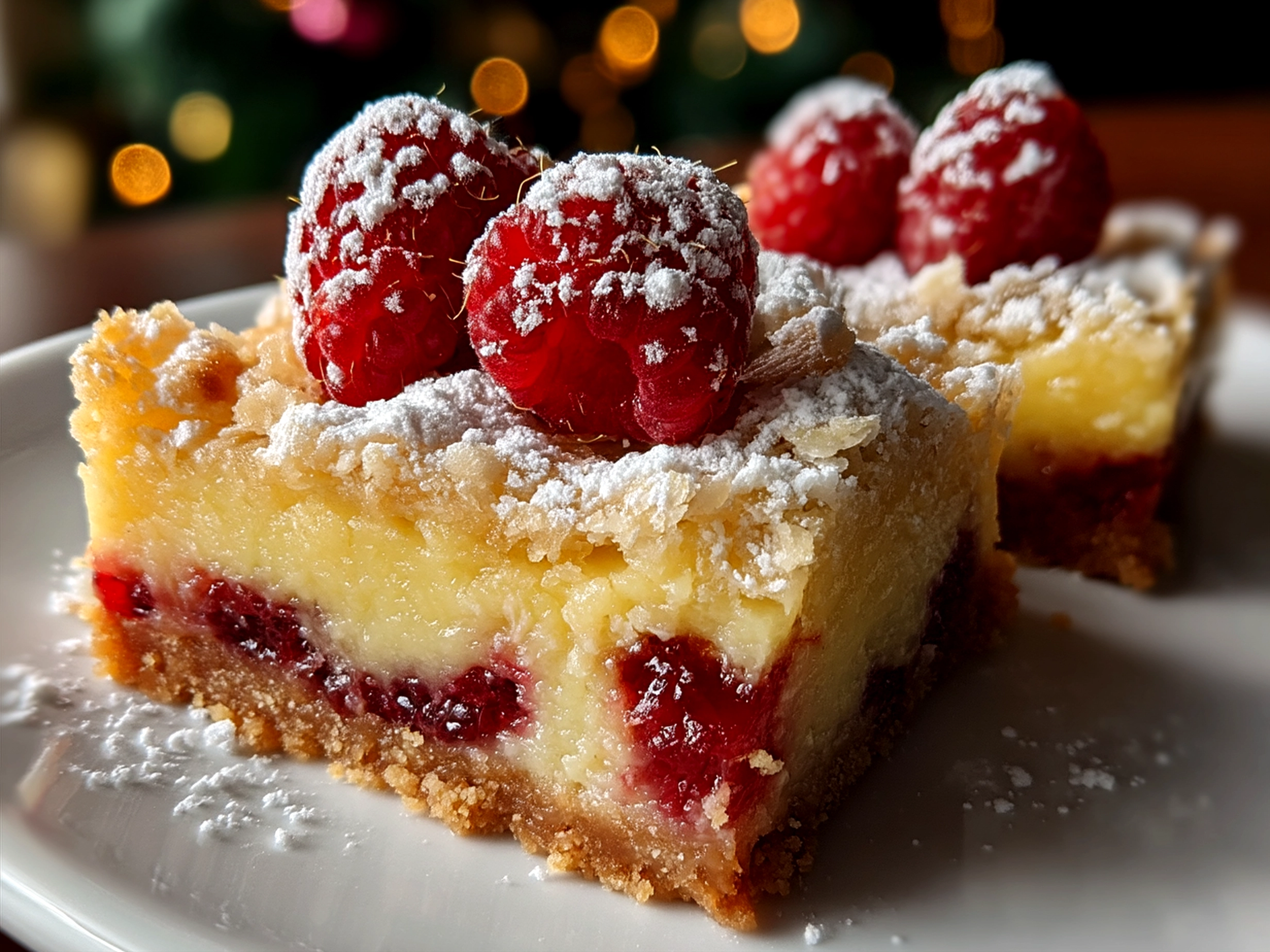 Freshly cut Lemon and Sweet Raspberry Bars served on a plate ready to enjoy