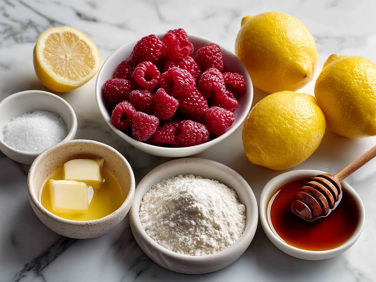 Ingredients for Lemon and Sweet Raspberry Bars neatly arranged on a countertop