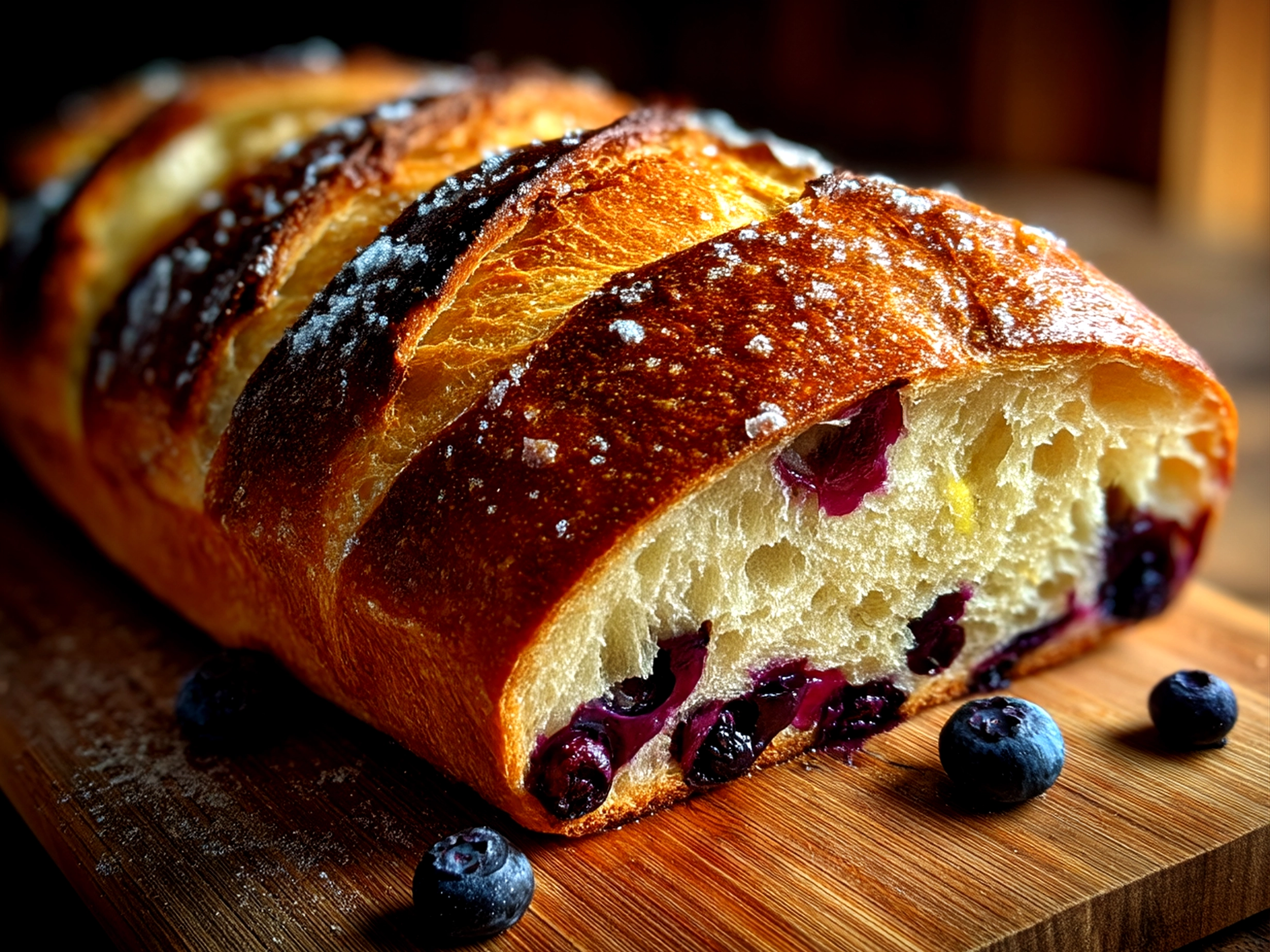 Freshly baked Lemon Blueberry Sourdough Bread sliced on a wooden board ready to serve