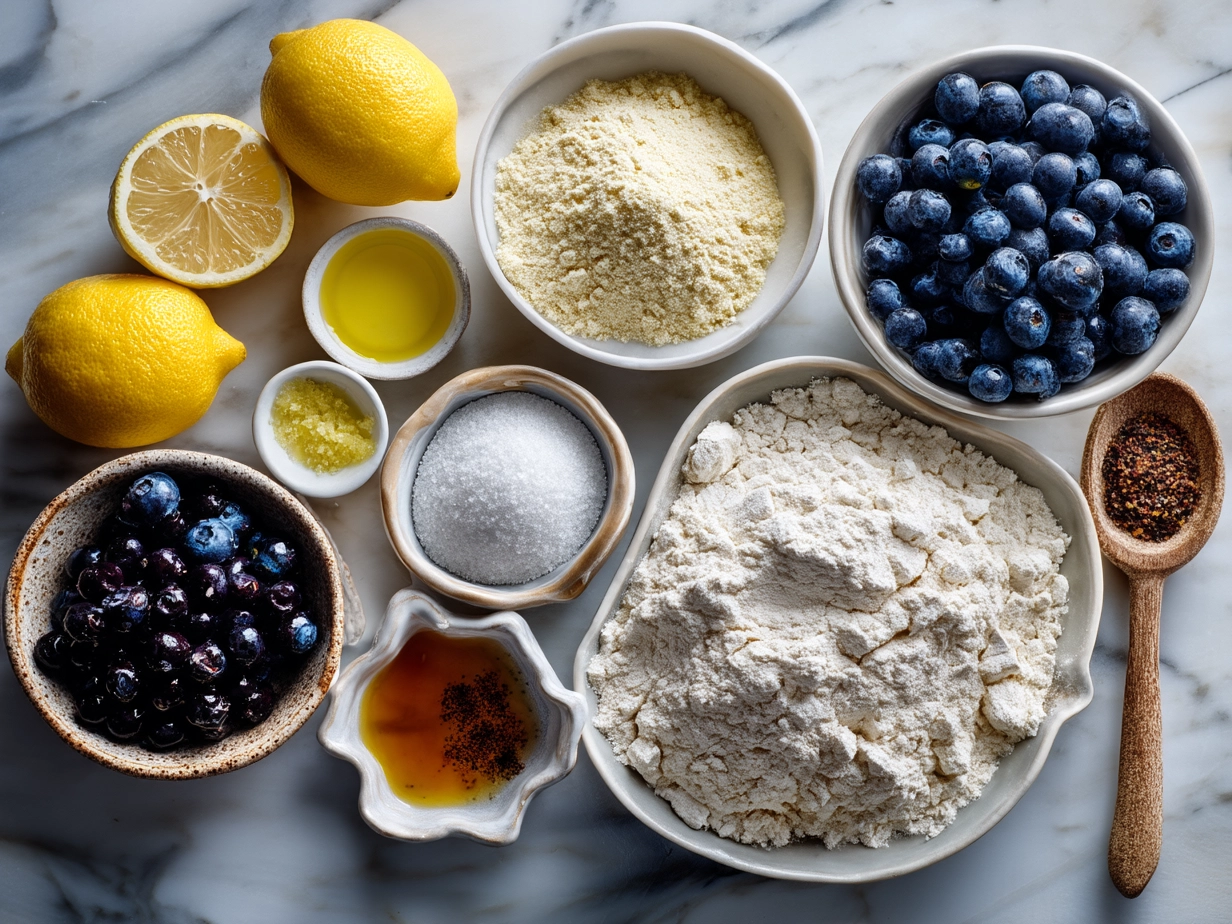 Ingredients for Lemon Blueberry Sourdough Bread laid out on a kitchen counter