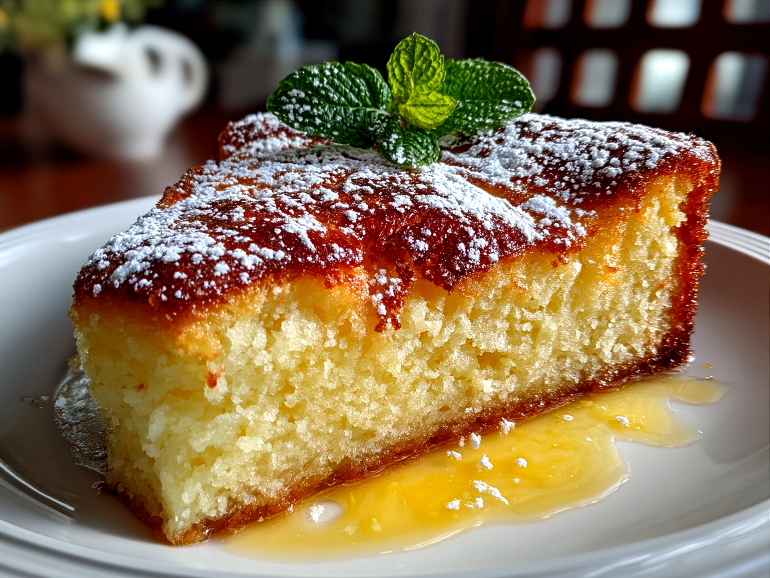 Slice of moist Lemon Custard Cake served on a plate ready to eat