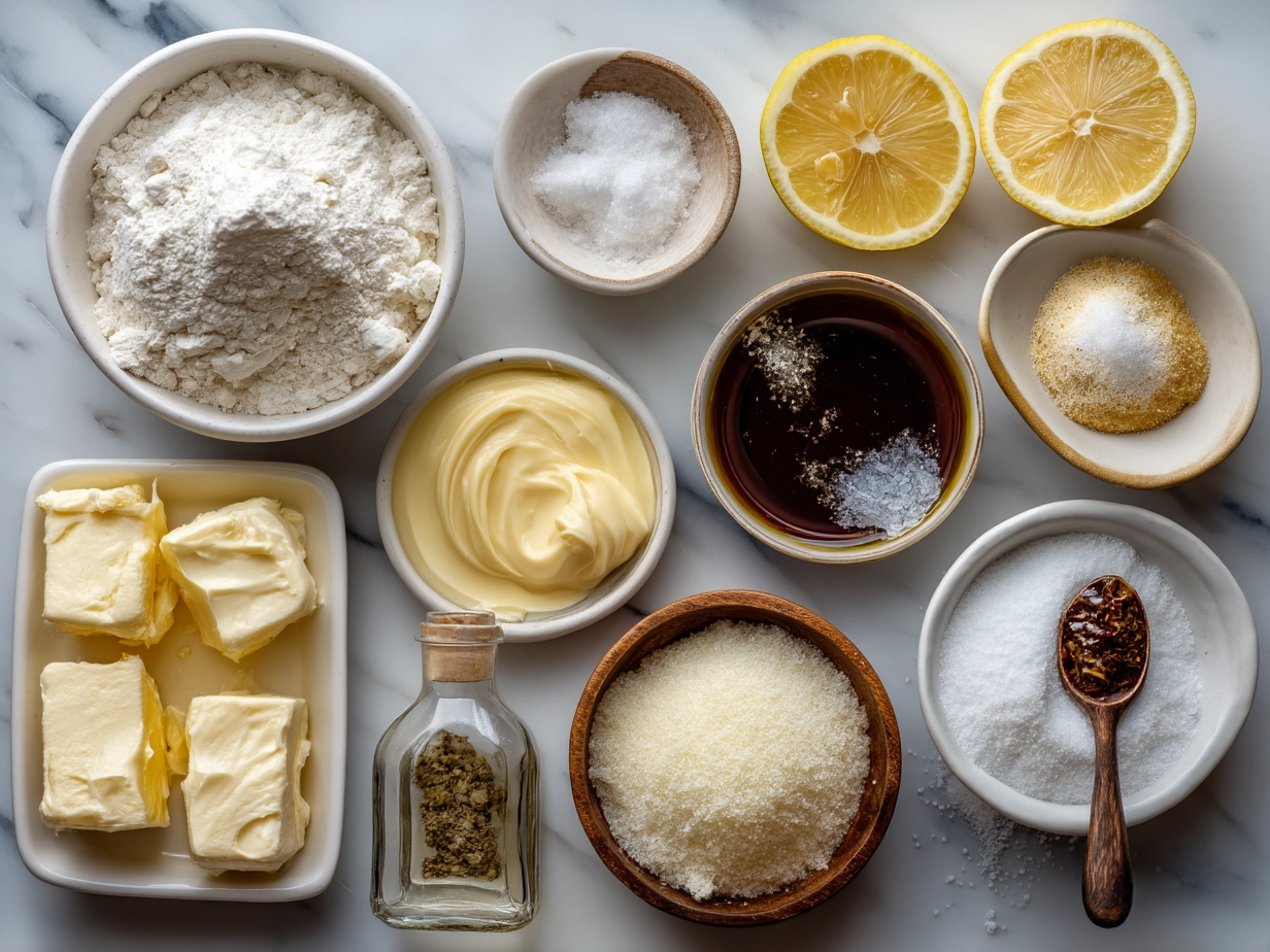Ingredients for Lemon Custard Cake laid out on a kitchen counter