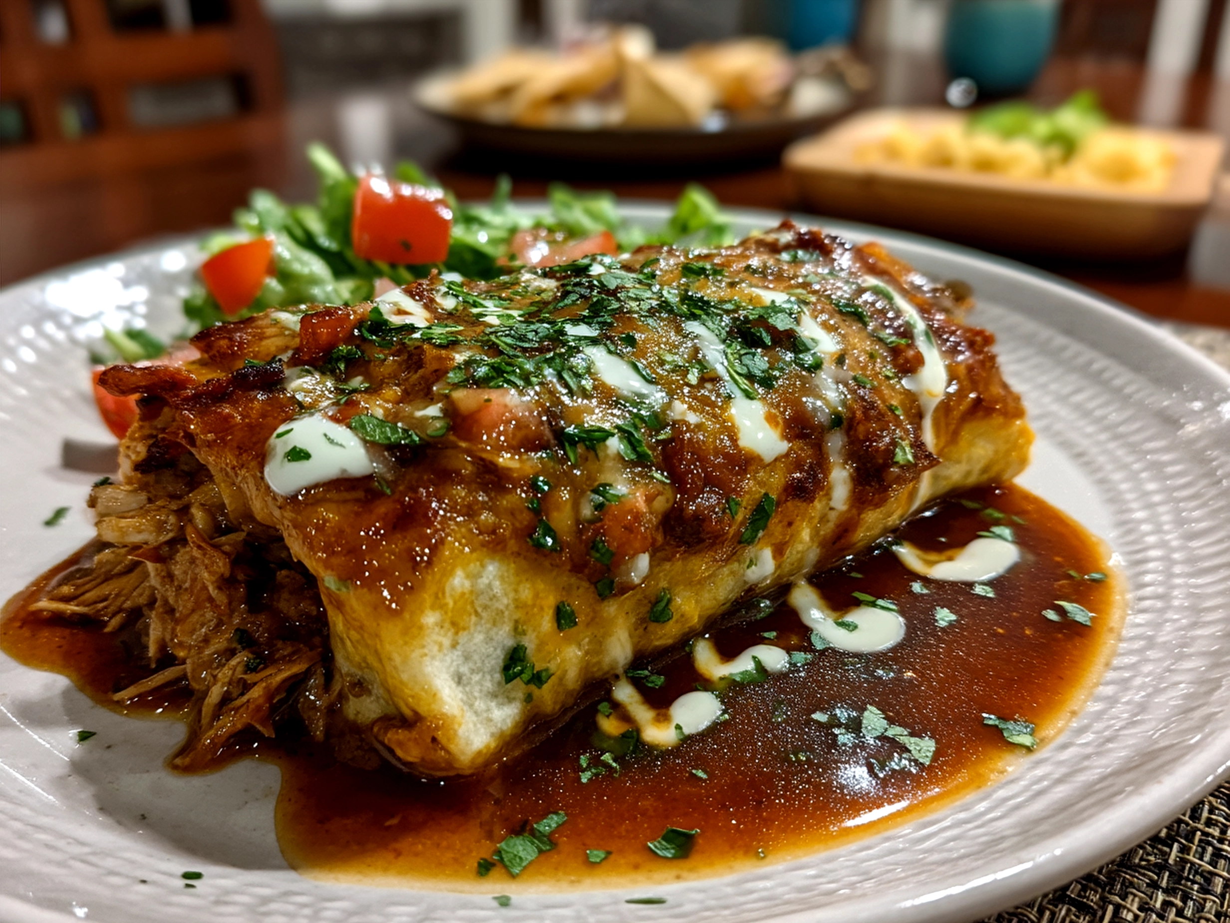 Serving suggestion of Loaded Wet Burritos with Spicy Verde Sauce garnished with cheese and fresh cilantro.