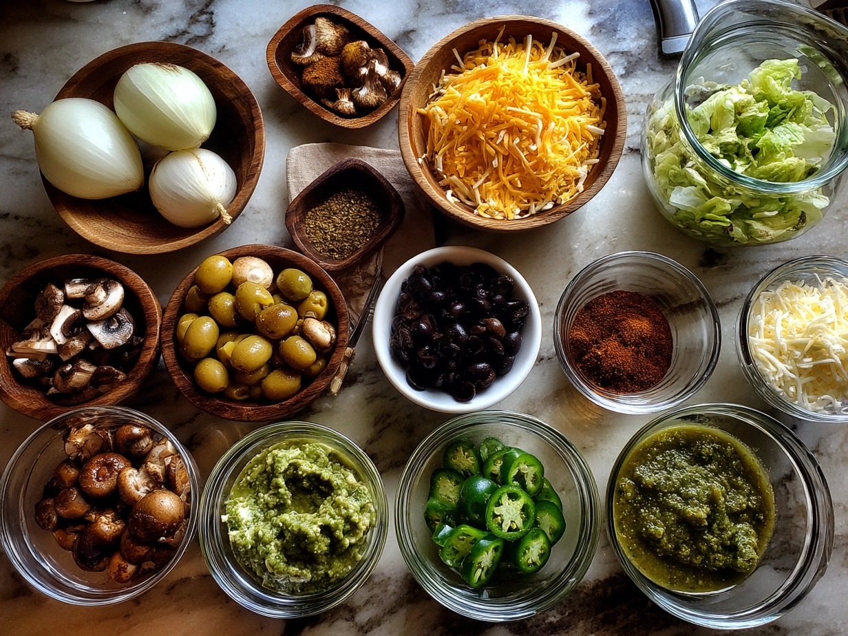 Ingredients for Loaded Wet Burritos with Spicy Verde Sauce including fresh tomatillos, peppers, beans, tortillas, cheese, and seasonings.