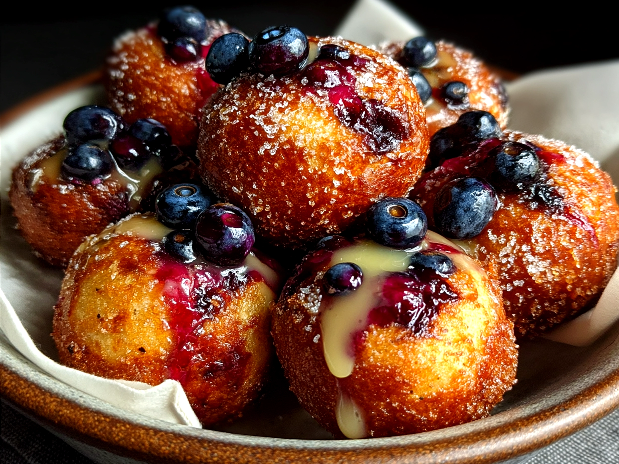 Serving Maple Blueberry Sourdough Donut Holes on a plate for breakfast with coffee