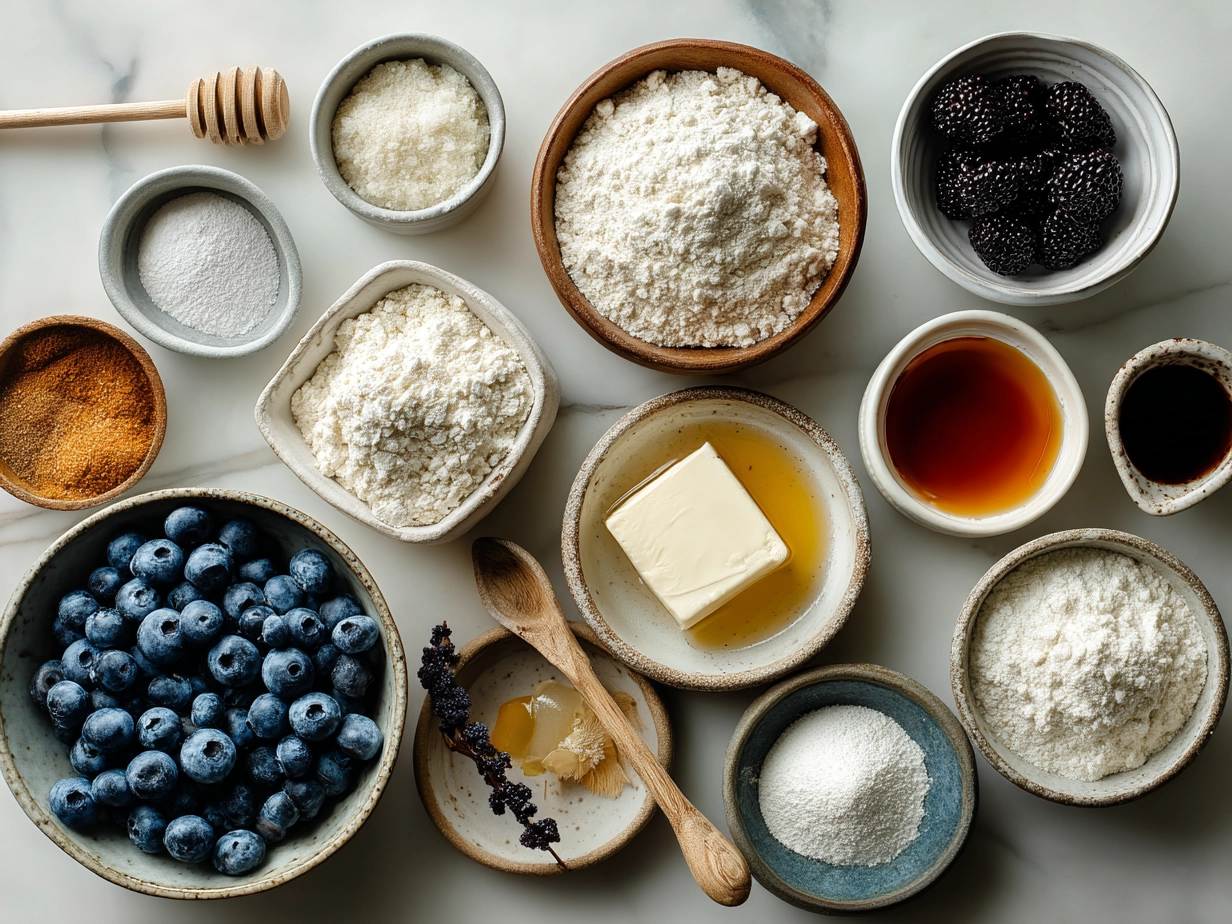 Ingredients for Maple Blueberry Sourdough Donut Holes including flour, blueberries, maple syrup and sourdough starter