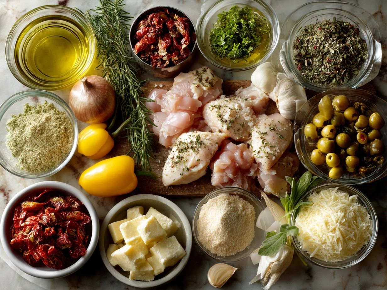 Fresh ingredients for Marry Me Tuscan Chicken laid out on a kitchen counter including chicken breasts, garlic, sun-dried tomatoes, Parmesan cheese, and spinach