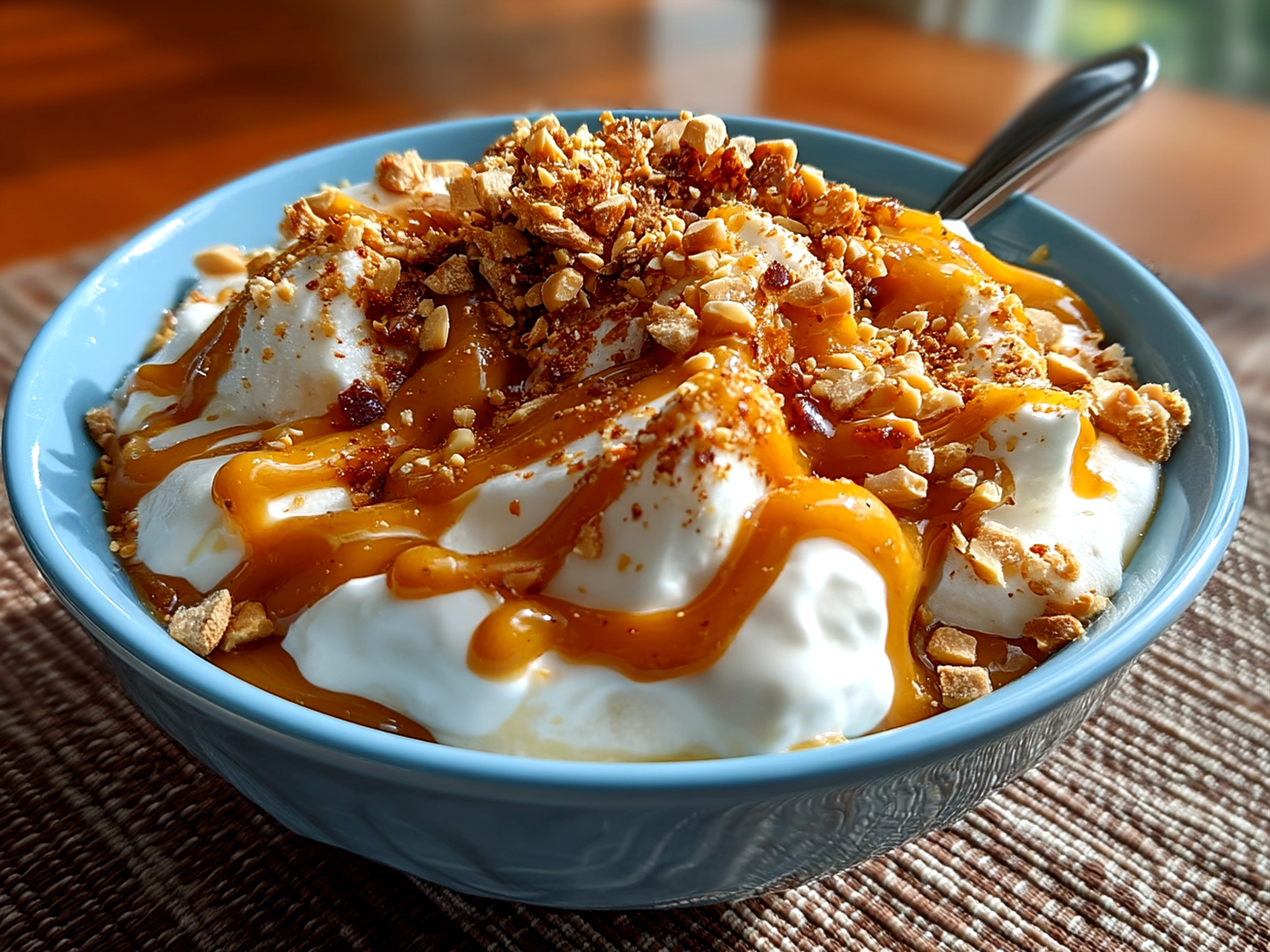 Peanut Butter Yogurt Fluff Bowl served with fresh fruits and crunchy toppings