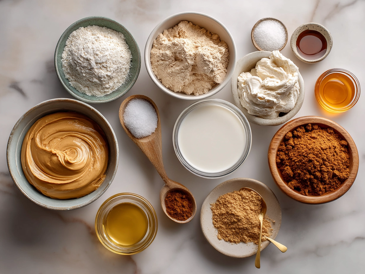 Ingredients for Peanut Butter Yogurt Fluff Bowl including Greek yogurt, peanut butter, honey, cinnamon, vanilla, peanuts, and fresh fruit