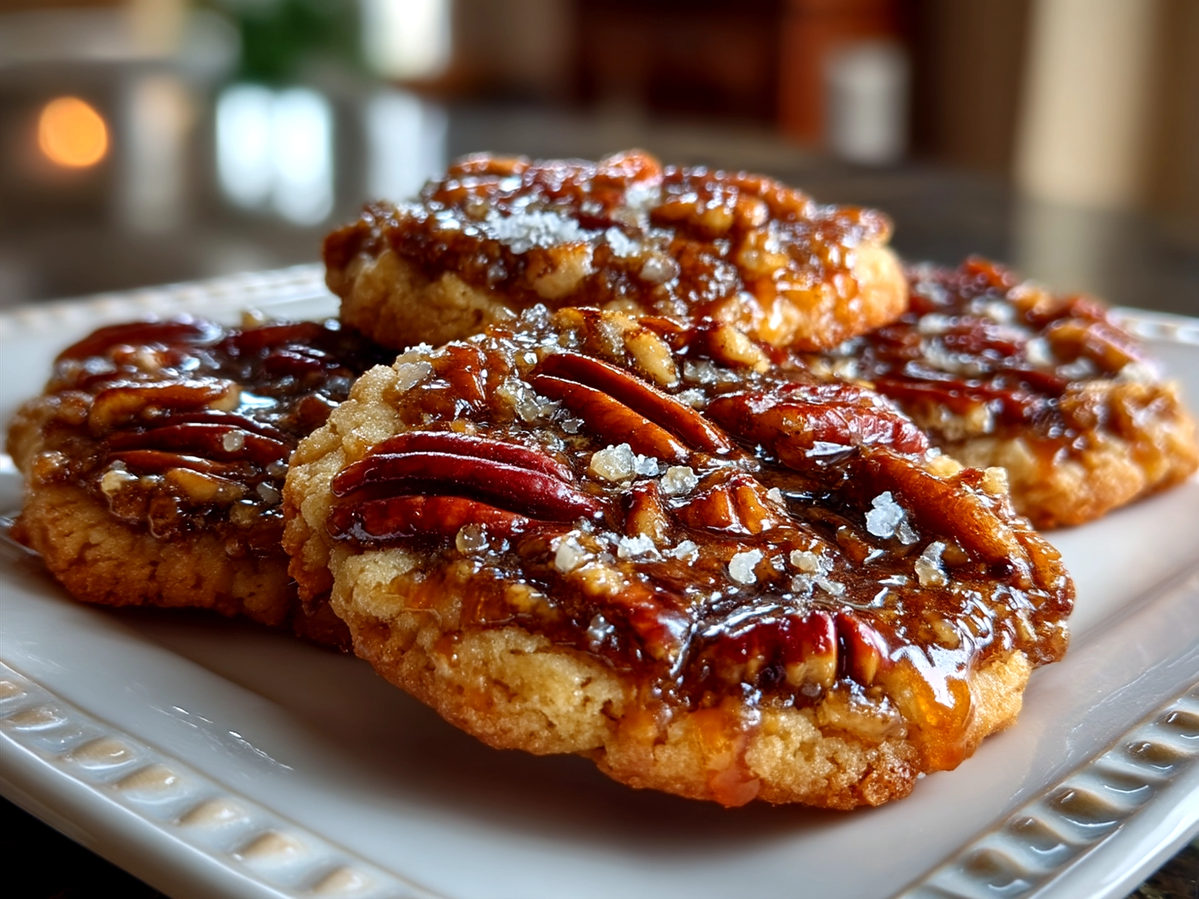 A rustic wooden platter filled with pecan pie cookies paired with coffee and autumn leaves