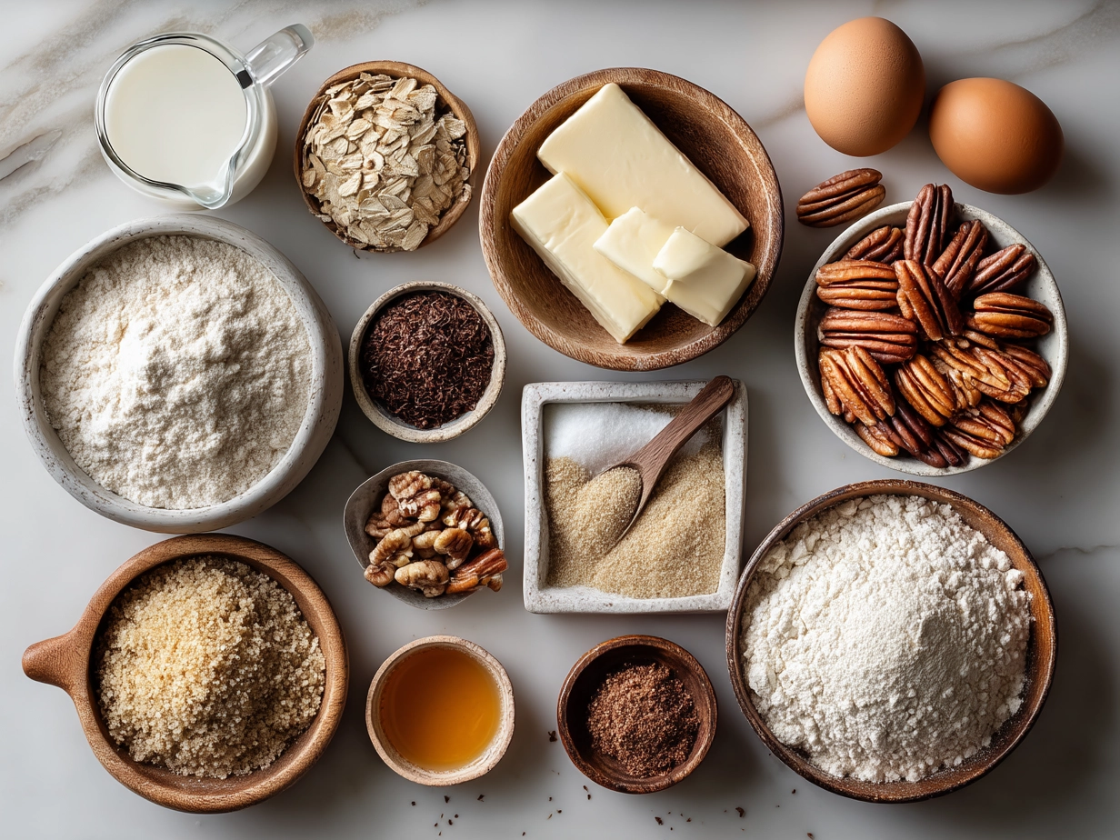 Ingredients laid out for pecan pie cookies including butter, sugars, flour, eggs, pecans, and spices
